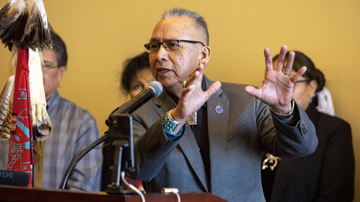 Navajo Nation Council Delegate Rick Nez speaks as Native American representatives show support for HB40, a bill patterned after the federal Indian Child Welfare Act, at the Capitol in Salt Lake City on Tuesday.