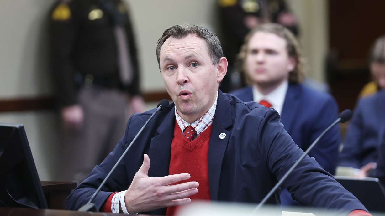 Ben Horsley, Granite School District chief of staff, speaks regarding the social media regulation bill SB152 in Senate Business and Labor committee meeting at the Capitol in Salt Lake City on Tuesday. A Utah Senate committee advanced a bill that would require social media companies to set age limits for creating accounts.