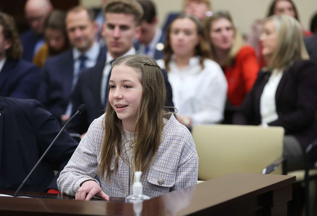 Lucy Loewen, 13, speaks about the social media regulation bill SB152 in Senate Business and Labor committee meeting at the Capitol in Salt Lake City on Tuesday.