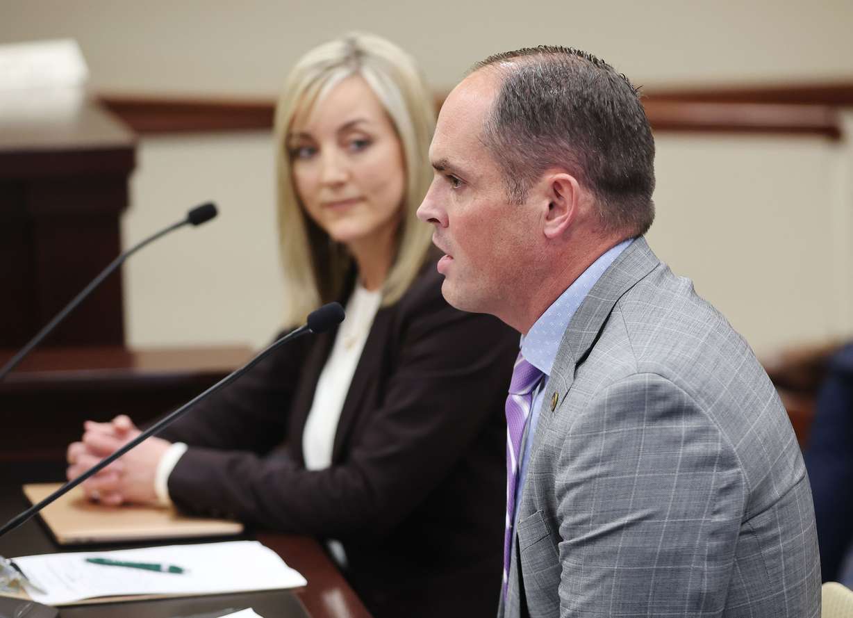 Sen. Mike McKell, R-Spanish Fork, and Aimee Winder Newton, senior adviser and director of the new Utah Office of Families, speak about social media regulation bill SB152 in the Senate Business and Labor committee meeting at the Capitol in Salt Lake City on Tuesday.