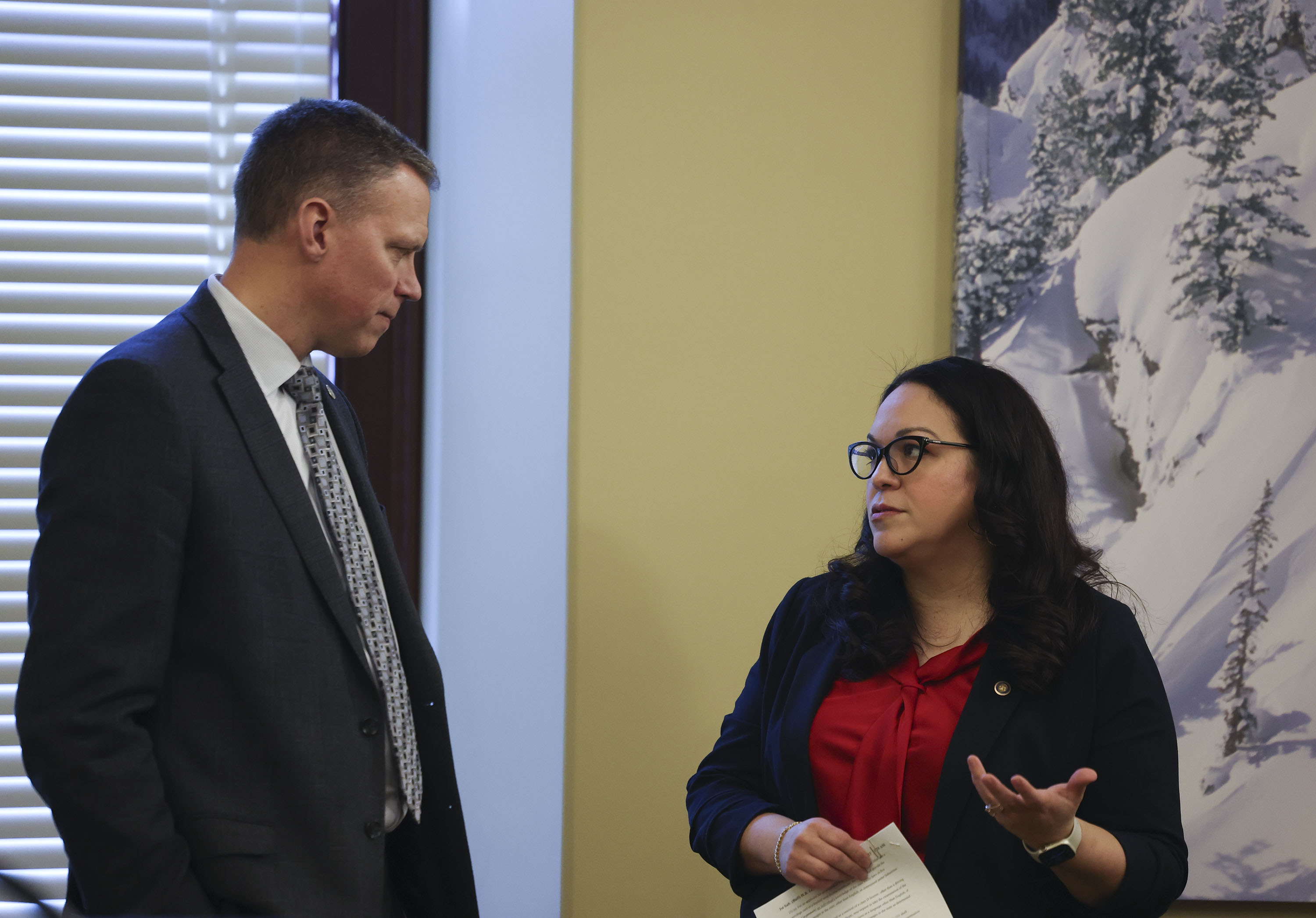 Utah Department of Public Safety Commissioner Jess L. Anderson, left, and Sen. Luz Escamilla, D-Salt Lake City, speak before a press conference announcing the new statute in which Utah's Driver License Division will now provide the driver's license test in the top languages spoken throughout the state at the Capitol in Salt Lake City on Wednesday.