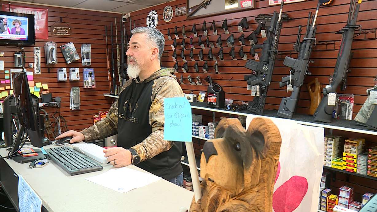Hiram Barker, owner of Hy and Mike's Pawn, talks to KSL-TV Wednesday. The store will be selling some guns confiscated by the Weber County Sheriff's Office.