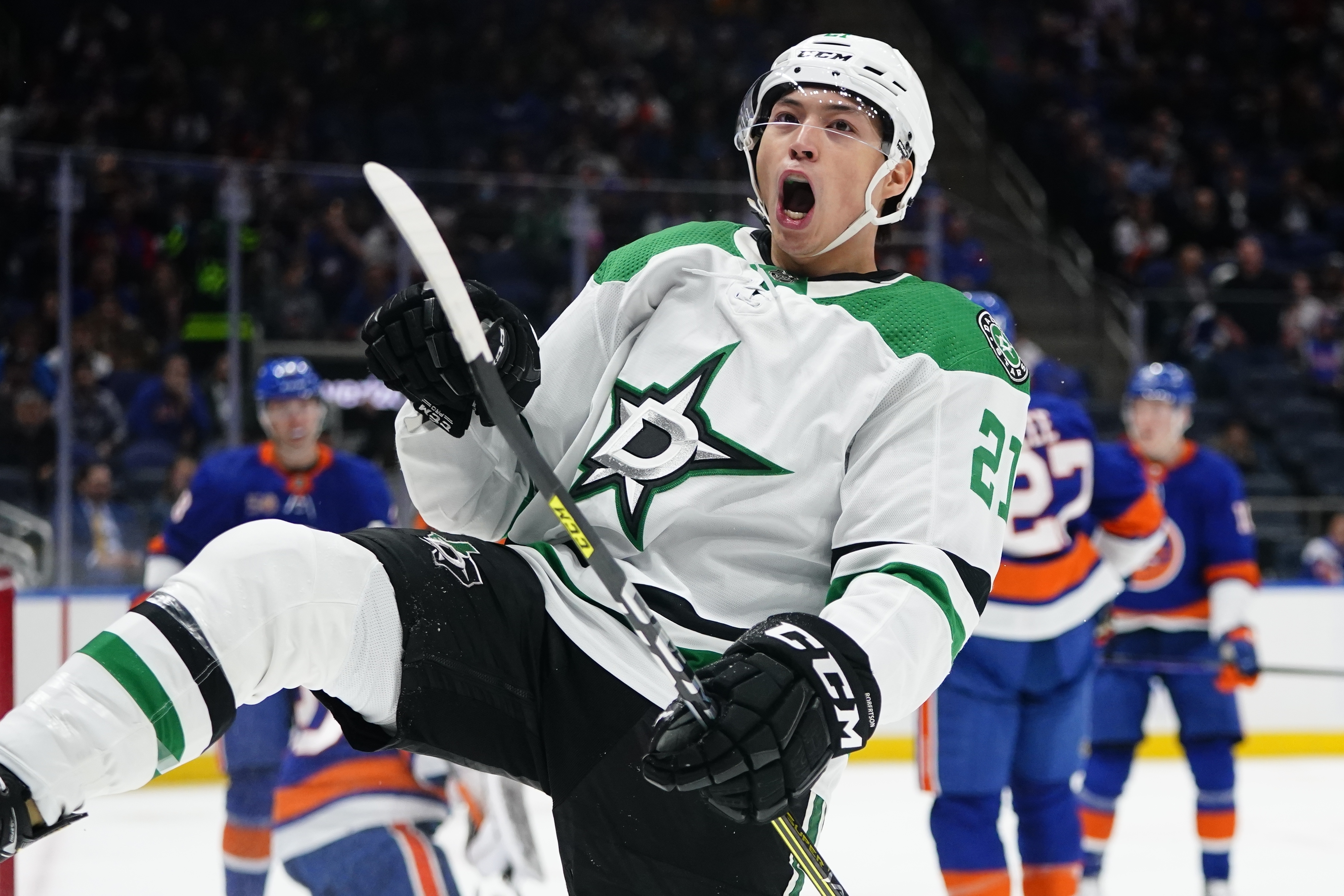 Dallas Stars' Jason Robertson celebrates after scoring a goal during the first period of an NHL hockey game against the New York Islanders Tuesday, Jan. 10, 2023, in Elmont, N.Y.