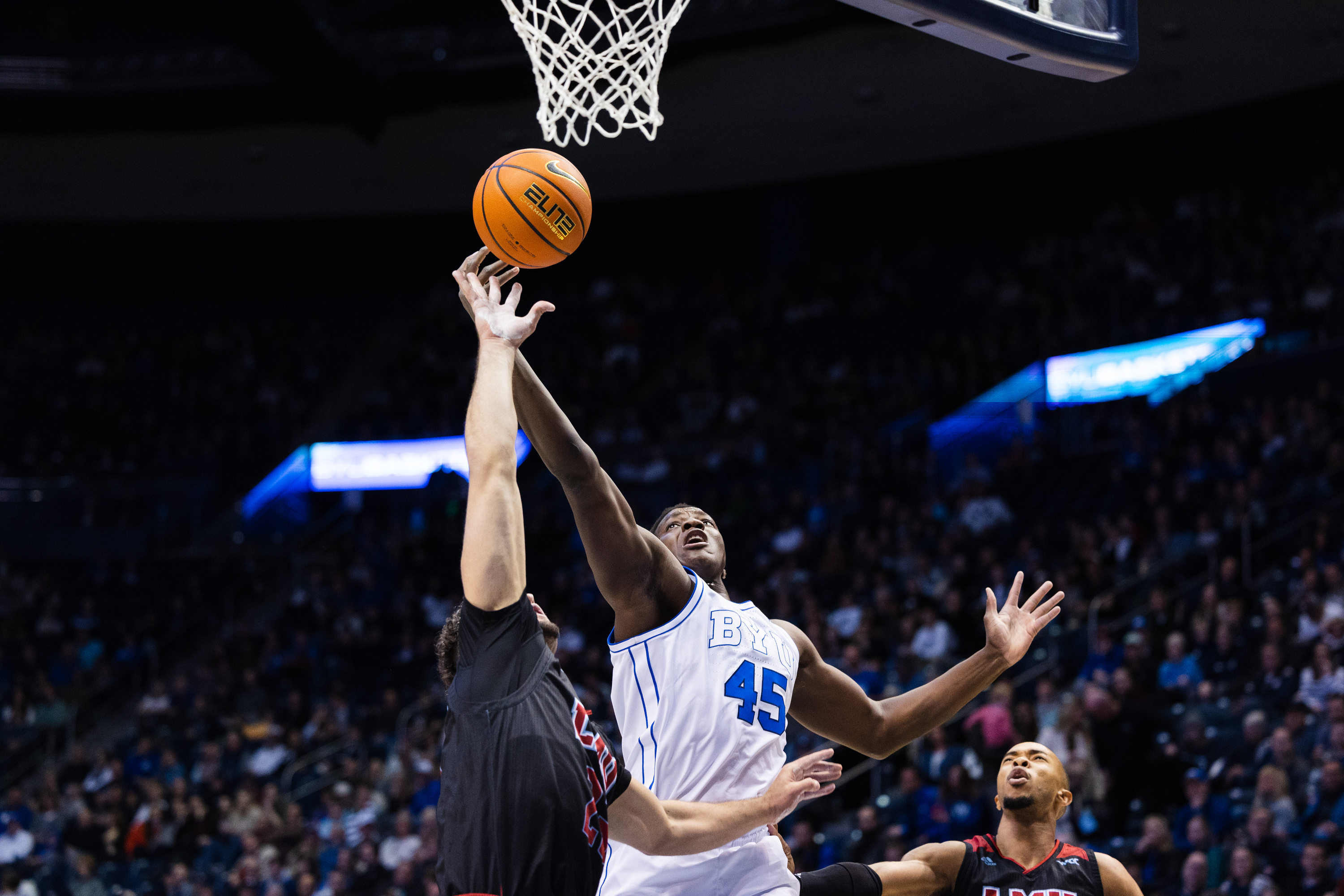 Brigham Young forward Fousseyni Traore (45) extends to grab a rebound during a NCAA basketball game against LMU at the Marriott Center in Provo on Thursday, Feb. 2, 2023.