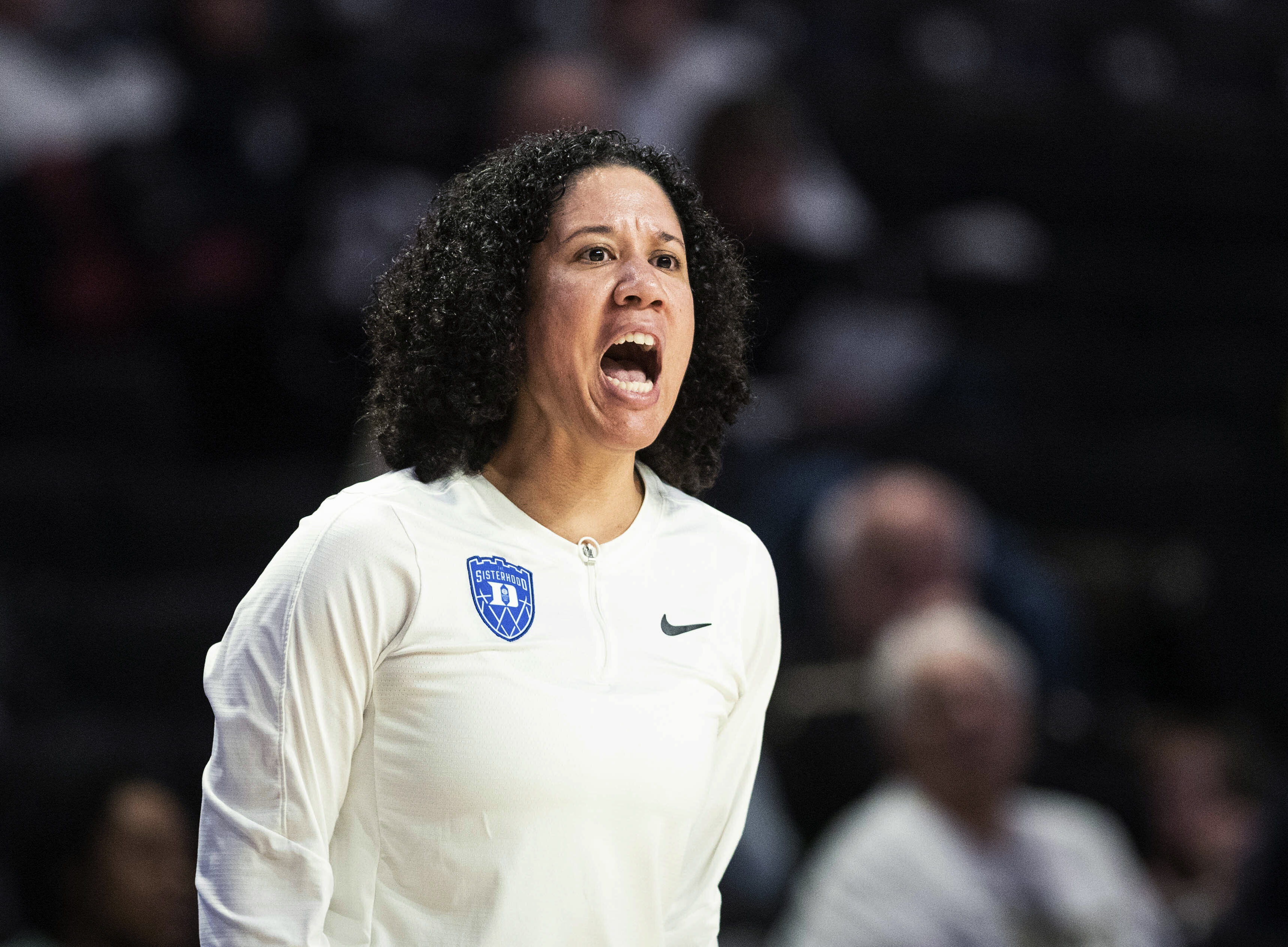 Duke coach Kara Lawson directs the team during the first half of an NCAA college basketball game against Wake Forest on Thursday, Jan. 5, 2023, in Winston-Salem, N.C. 