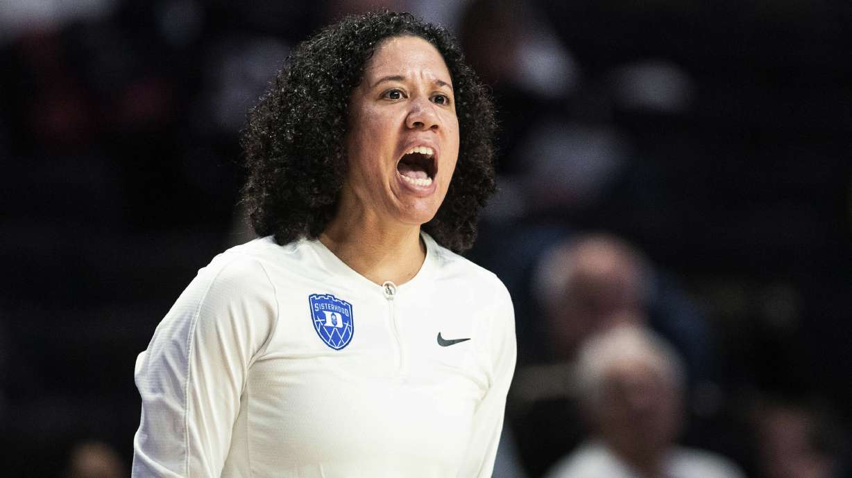 Duke coach Kara Lawson directs the team during the first half of an NCAA college basketball game against Wake Forest on Thursday, Jan. 5, 2023, in Winston-Salem, N.C.