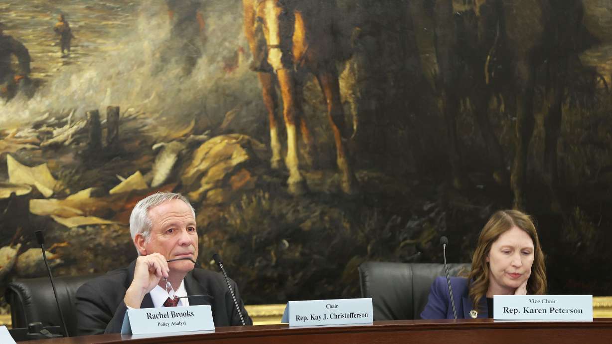 Rep. Kay J. Christofferson, R-Lehi, and Rep. Karen M. Peterson, R-Clinton, chair the House Transportation Standing Committee at the Capitol in Salt Lake City on Thursday. The committee discussed SB61, which makes railroad companies put up fencing around tracks, providing specifications, and implements a reporting policy for any livestock that is hit.