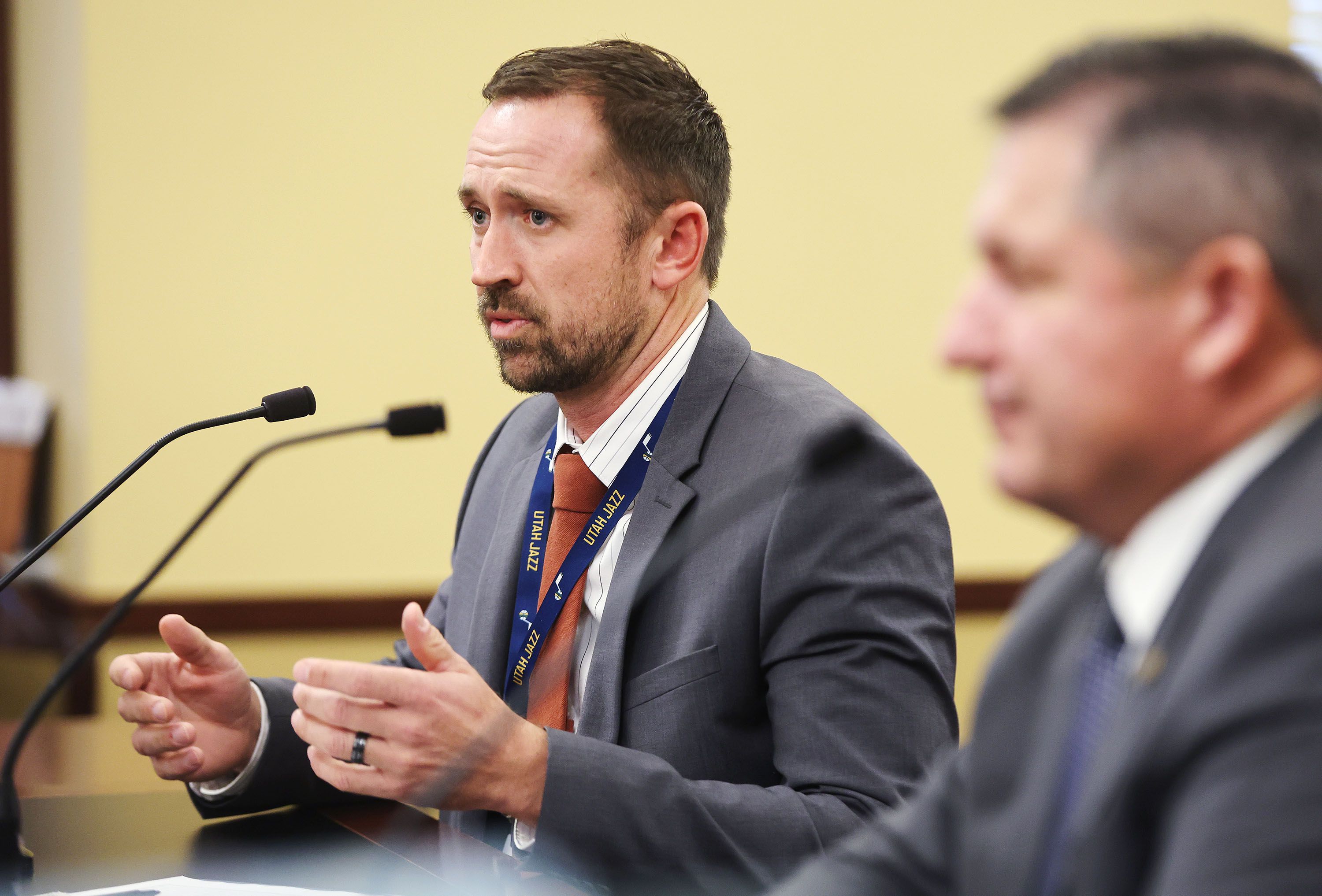 Steve Styler, a Union Pacific official, speaks regarding SB61 in the House Transportation Standing Committee at the Capitol in Salt Lake City on Feb. 2. The bill makes railroad companies put up fencing around tracks, providing specifications and implements a reporting policy for any livestock that is hit. Sen. Derrin Owens, R-Fountain Green, right, listens.