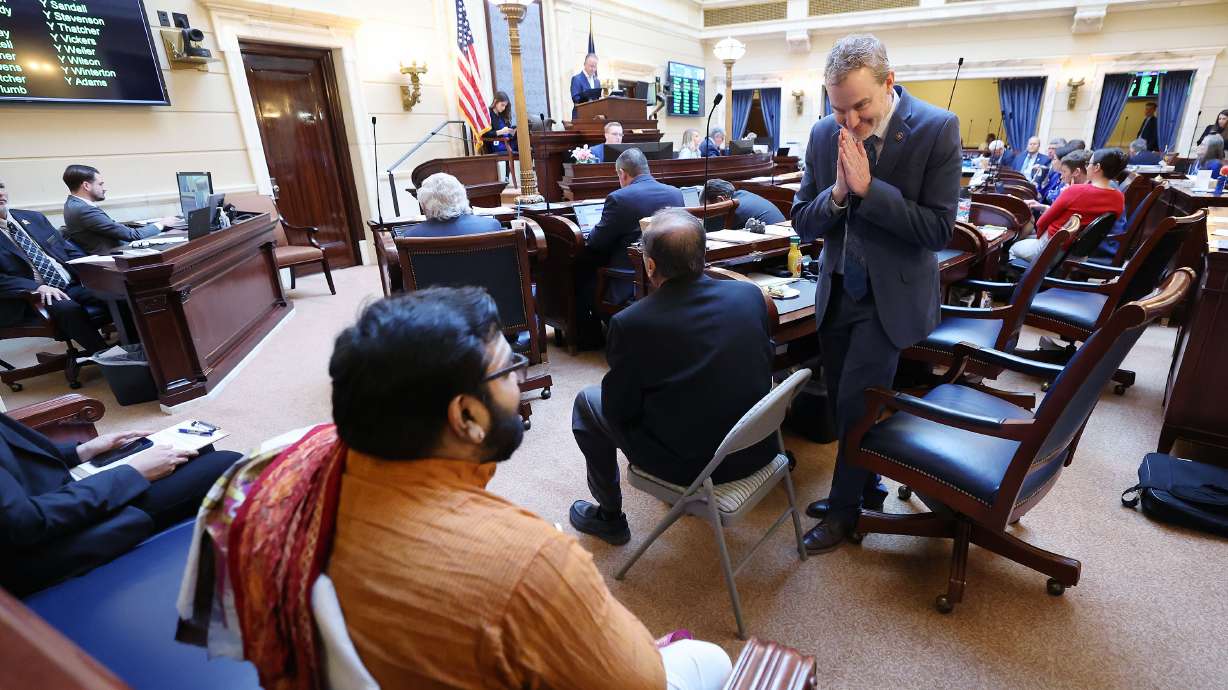 Sen. Lincoln Fillmore, R-South Jordan, gestures to Hindu Priest Sathish Kumar Niyarthi after speaking about SB46 at the Capitol in Salt Lake City on Friday. The bill would make Diwali a state commemorative period.