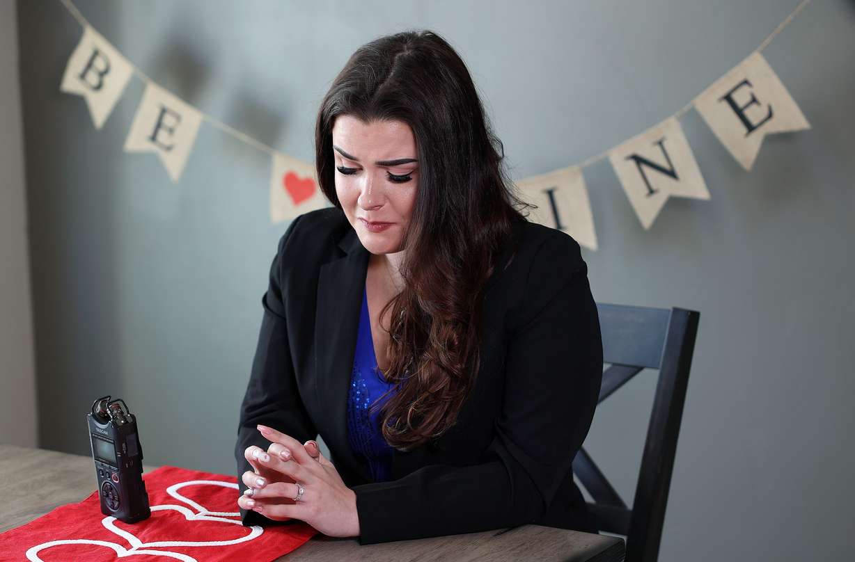 Samantha Hansen gets emotional while talking about her experience as a rape survivor and her opposition to HB297 Victim Services Amendments, which is sponsored by her sister Rep. Kera Birkeland, R-Morgan, at Hansen’s home in Herriman, on Thursday.