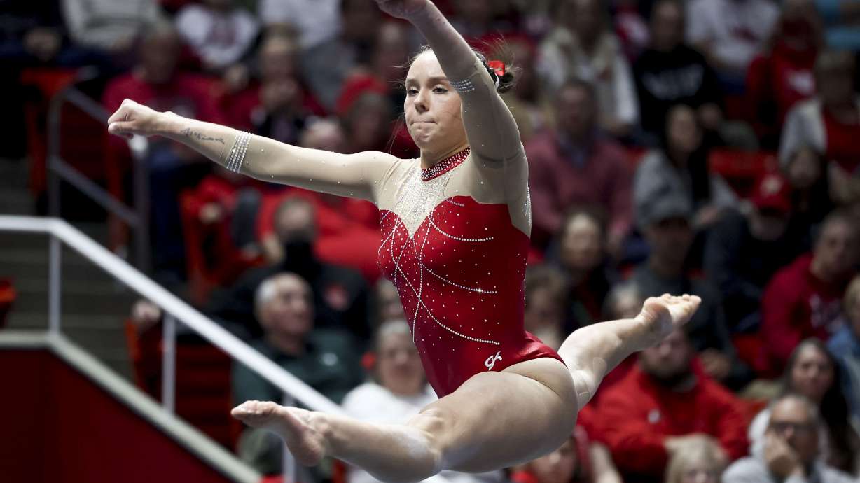 Utah's Maile O'Keefe performs her floor routine as No. 4 Utah takes on No. 5 UCLA at the Jon M. Huntsman Center in Salt Lake City on Friday, Feb. 3, 2023.