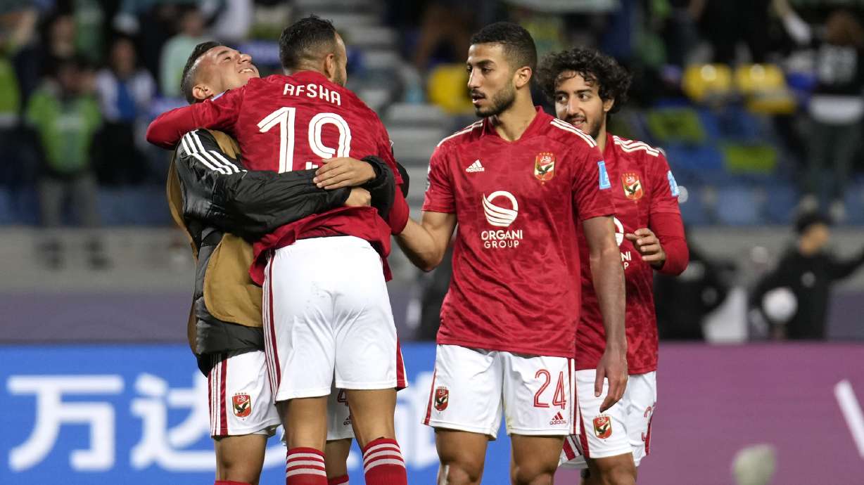Al Ahly players celebrate after Al Ahly's Mohamed Afsha scored his side's opening goal during the FIFA Club World Cup soccer match between Seattle Sounders FC and Al Ahly FC in Tangier, Morocco, Saturday, Feb. 4, 2023.