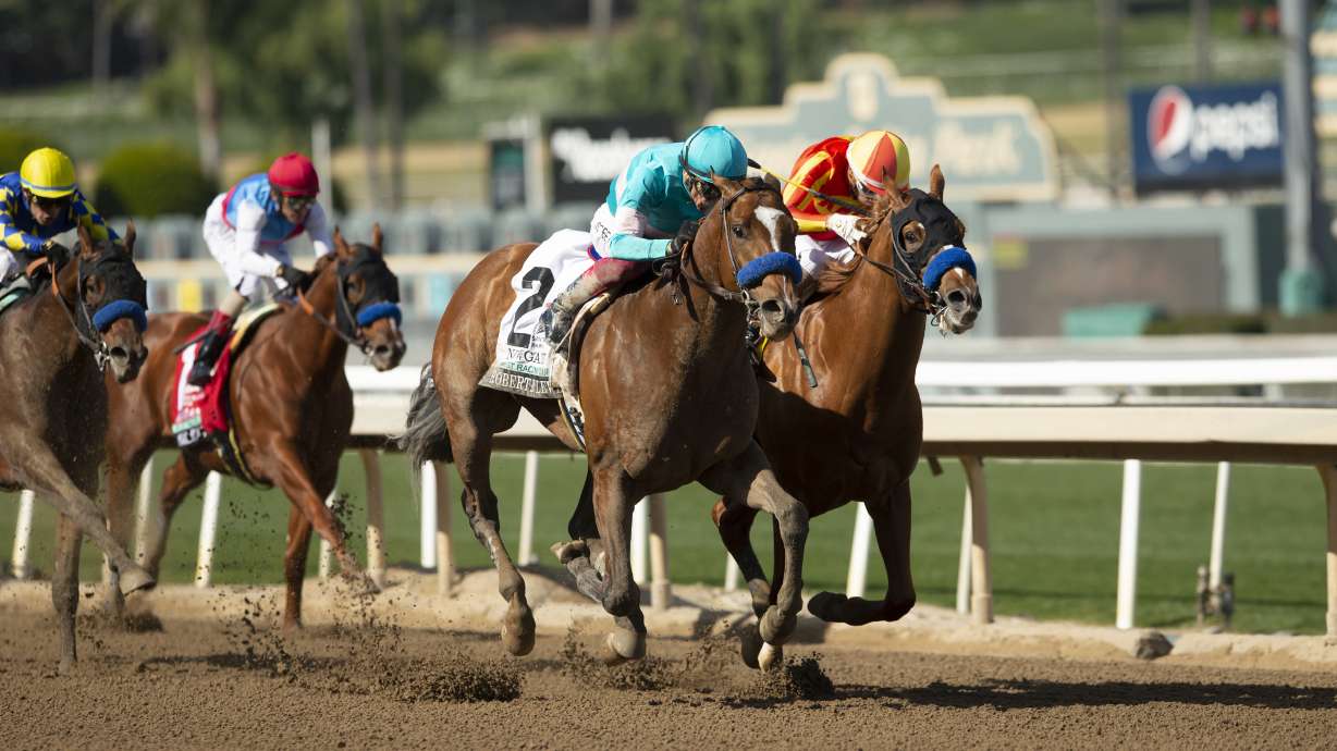 In a photo provided by Benoit Photo, Newgate and jockey Lanfranco Dettori, outside, hold off a stubborn Hard to Figure (Ramon Vazquez), inside, to win the Grade III $200,000 Robert B. Lewis Stakes Saturday, Feb. 4, 2023 at Santa Anita Park in Arcadia, Calif.
