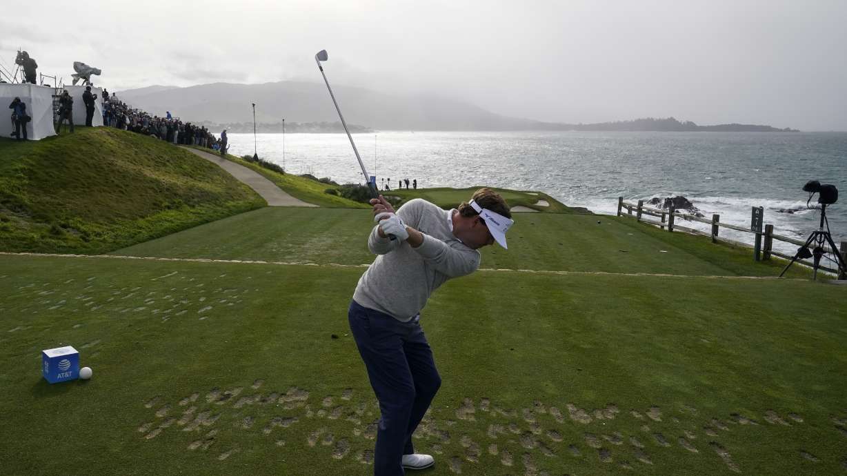 Keith Mitchell prepares to hit a drive on the 7th tee of the Pebble Beach Golf Links during the third round of the AT&T Pebble Beach Pro-Am golf tournament in Pebble Beach, Calif., Saturday, Feb. 4, 2023.