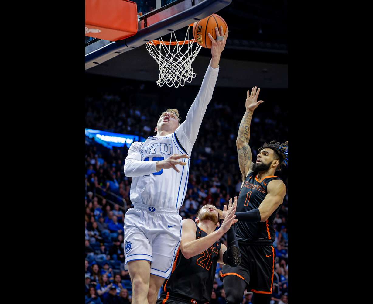 BYU men's basketball guard Richie Saunders drives to the rim during the Cougars' 81-66 win over Pacific, Saturday, Feb. 4, 2023 in the Marriott Center in Provo.