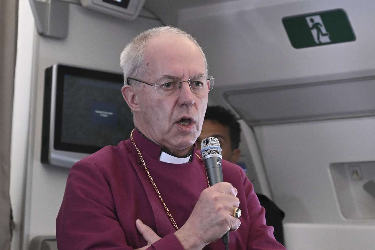 The Archbishop of Canterbury Justin Welby meets the journalists during an airborne press conference aboard the airplane directed to Rome, at the end of Pope Francis pastoral visit to Congo and South Sudan, Sunday.