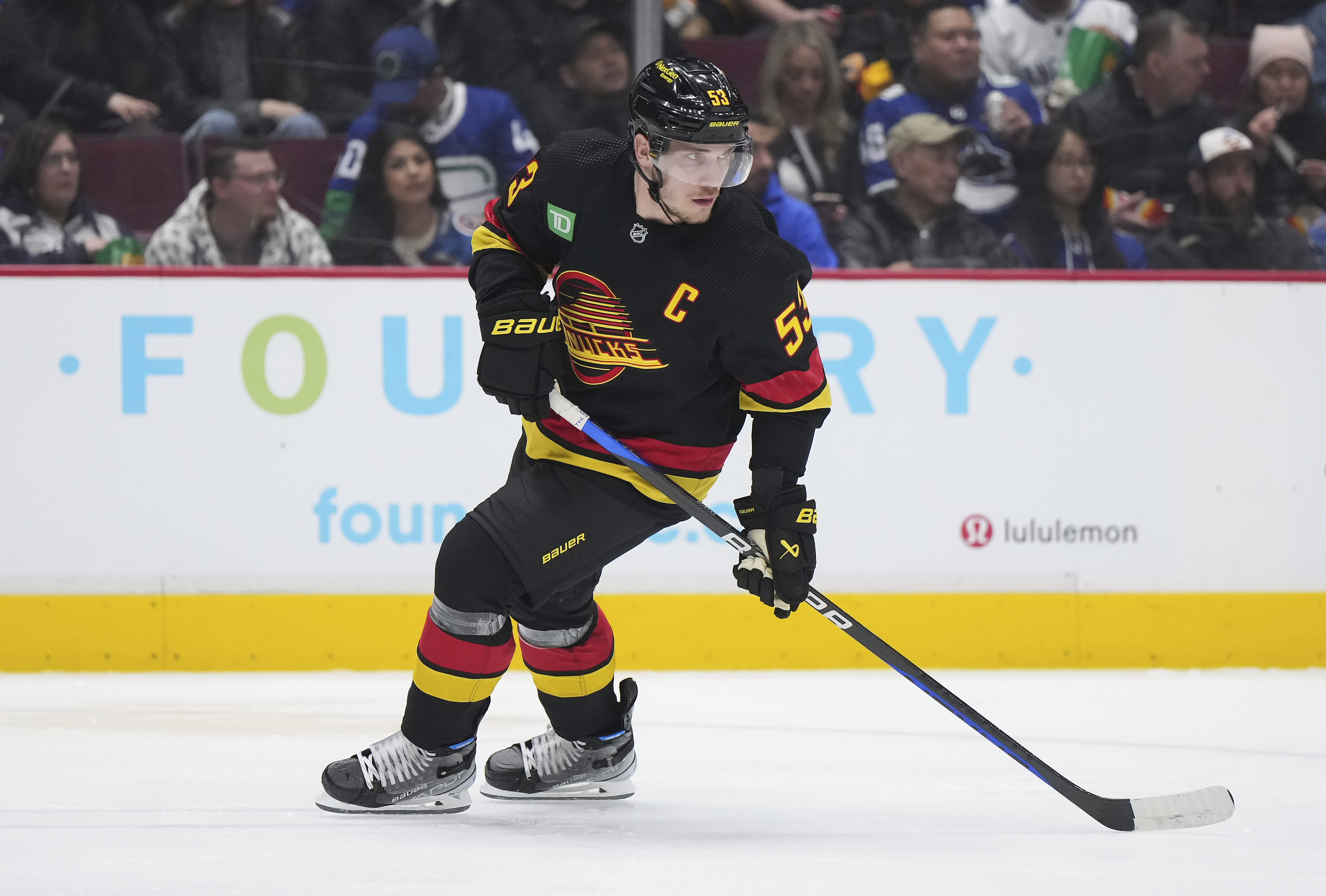 Vancouver Canucks' Bo Horvat skates during the second period of the team's NHL hockey game against the Colorado Avalanche on Friday, Jan. 20, 2023, in Vancouver, British Columbia. 