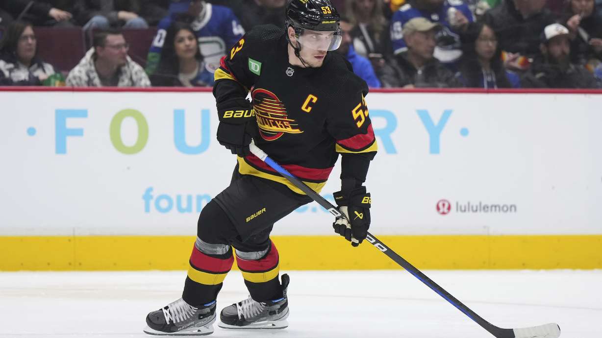 Vancouver Canucks' Bo Horvat skates during the second period of the team's NHL hockey game against the Colorado Avalanche on Friday, Jan. 20, 2023, in Vancouver, British Columbia.