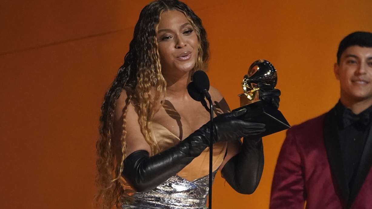 Beyonce accepts the award for best dance/electronic music album for "Renaissance" at the 65th annual Grammy Awards on Sunday in Los Angeles.