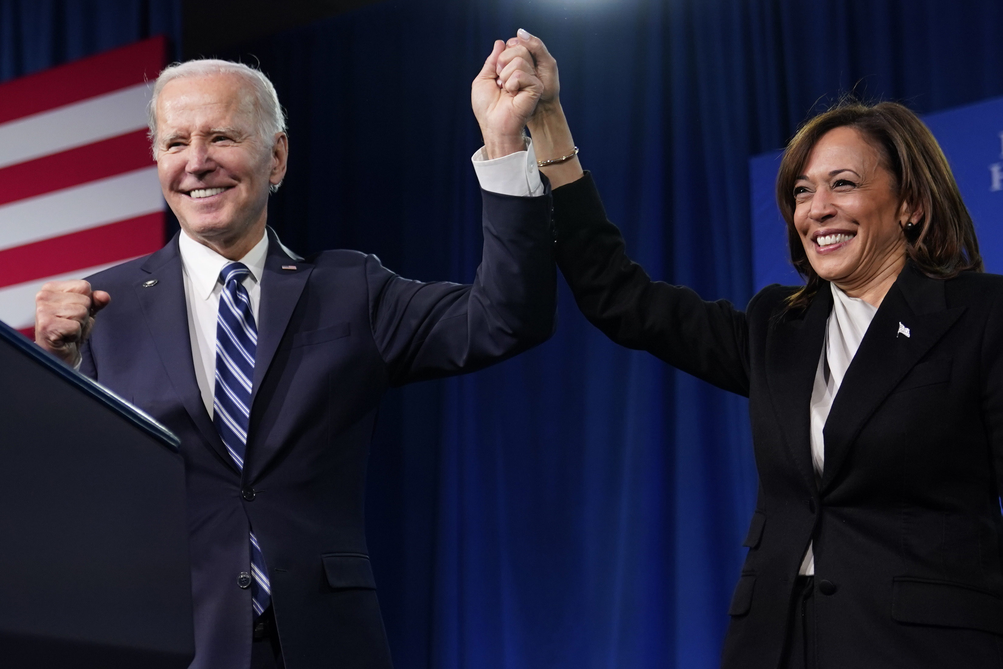 President Joe Biden and Vice President Kamala Harris appear at a Democratic National Committee meeting, Feb. 3 in Philadelphia. A majority of Democrats now think one term is plenty for Biden, despite his insistence that he plans to seek reelection in 2024, a new poll says.