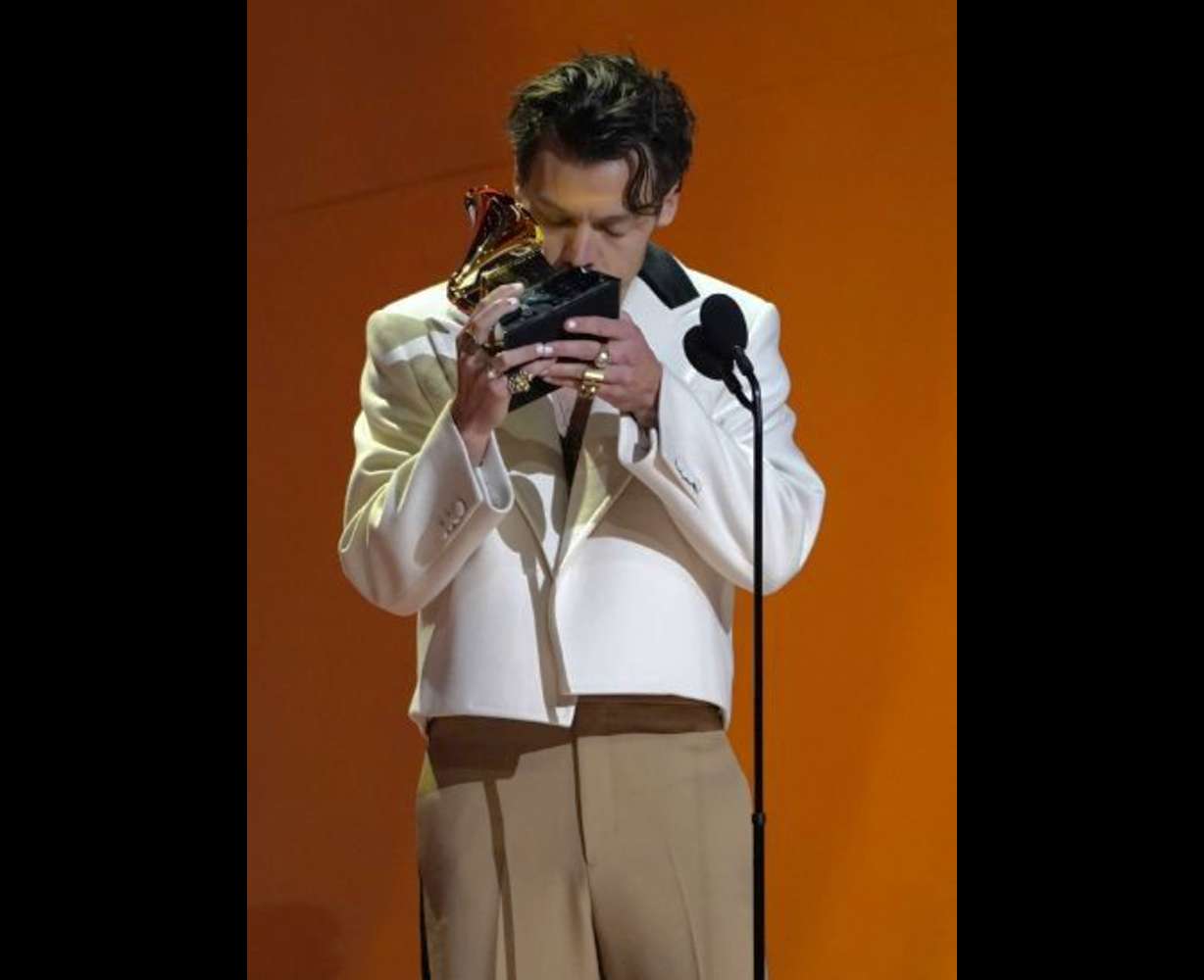 Harry Styles accepts the award for best pop vocal album for "Harry's House" at the 65th annual Grammy Awards on Sunday in Los Angeles.