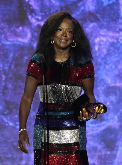 Viola Davis accepts the award for best audio book, narration, and storytelling recording for "Finding Me: A Memoir" at the 65th annual Grammy Awards on Sunday in Los Angeles.
