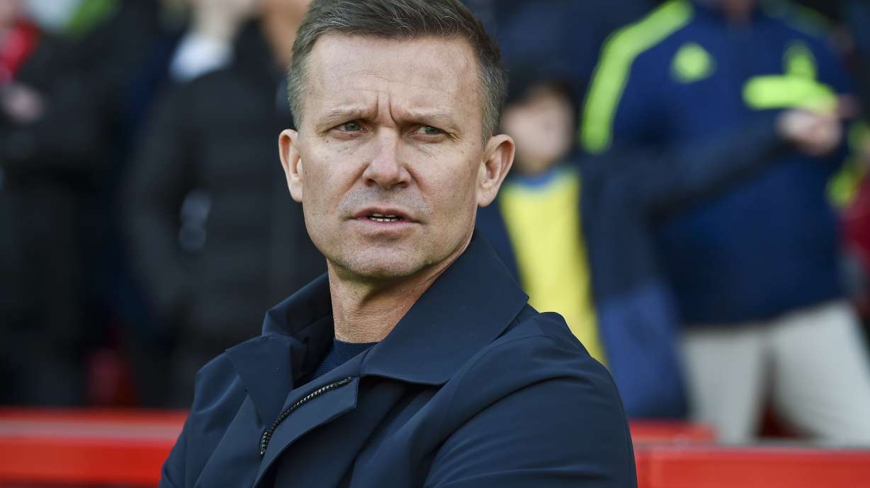 Leeds United's head coach Jesse Marsch looks on prior to the English Premier League soccer match between Nottingham Forest and Leeds United at City Ground stadium in Nottingham, England, Sunday, Feb. 5, 2023.