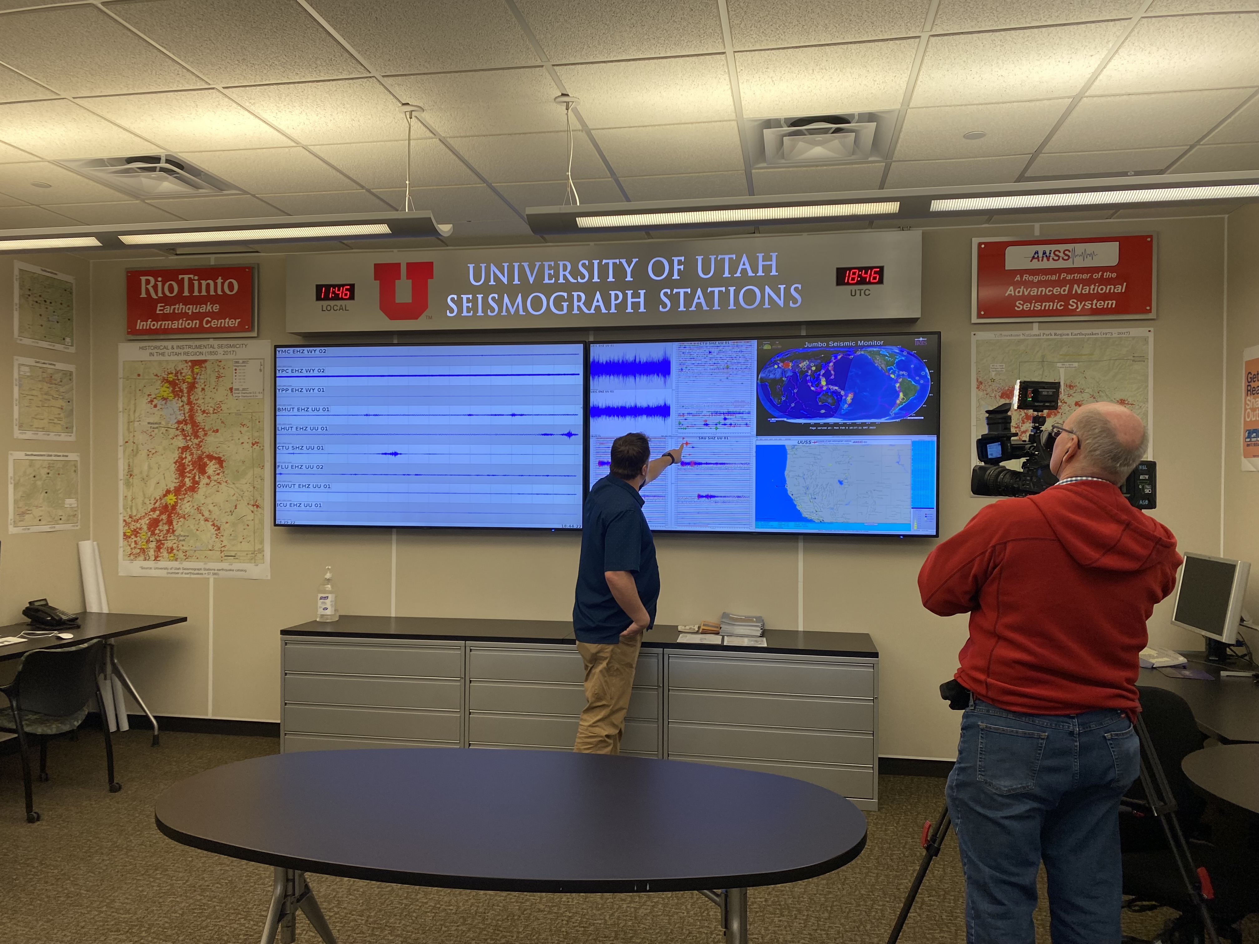 Jamie Farrell, a seismologist at the University of Utah Seismograph Stations, points out the seismograms made by the quake in Turkey.