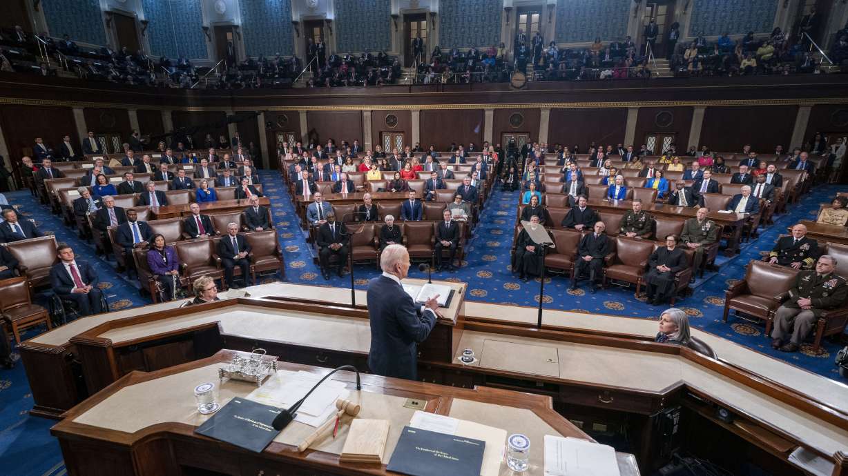 President Joe Biden delivers his first State of the Union address to a joint session of Congress at the Capitol, March 1, 2022, in Washington. Utah Gov. Spencer Cox and Maj. Gen. Michael J. Turley have been announced as Utah guests at Tuesday night's speech.