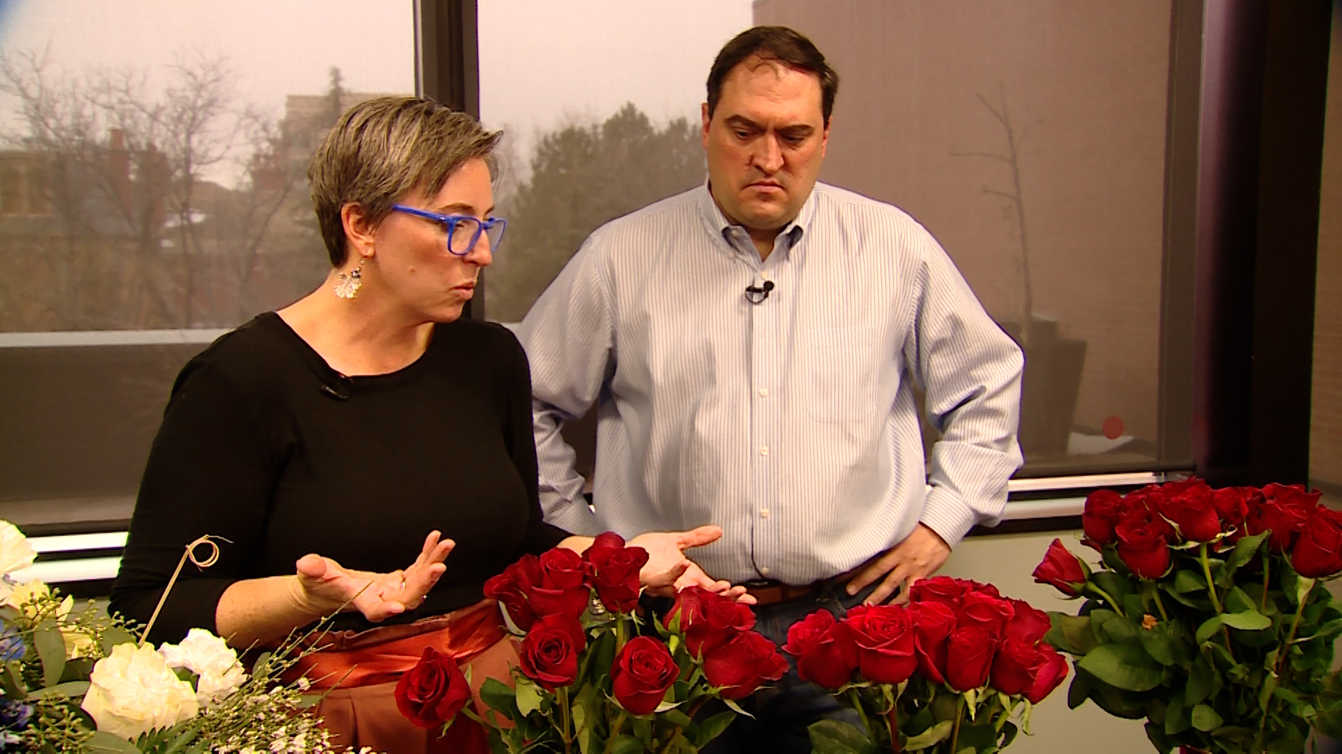 Utah State University horticulturist Sheriden Hansen shows KSL-TV's Matt Gephardt the hallmarks of good quality roses.