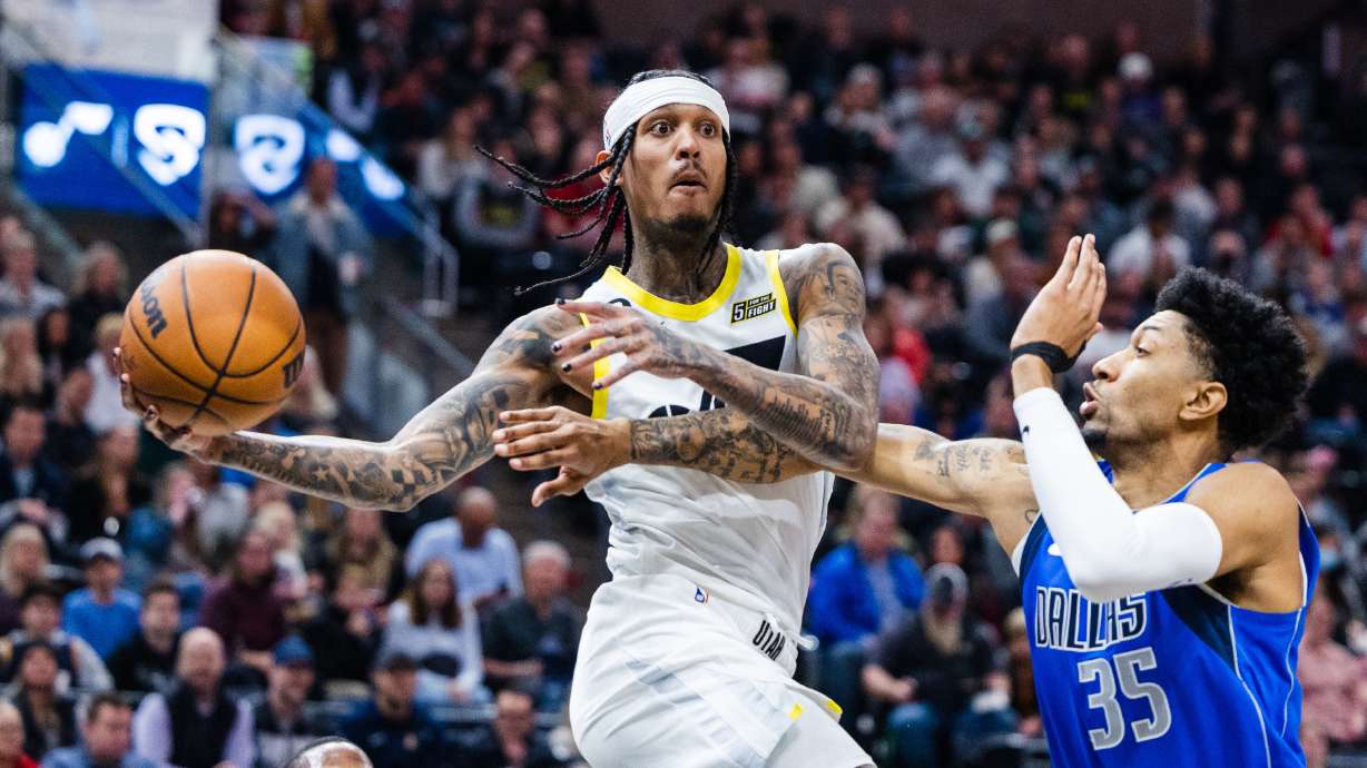 Utah Jazz guard Jordan Clarkson (00) passes the ball during an NBA game at Vivint Arena in Salt Lake City on Monday, Feb. 6, 2023.