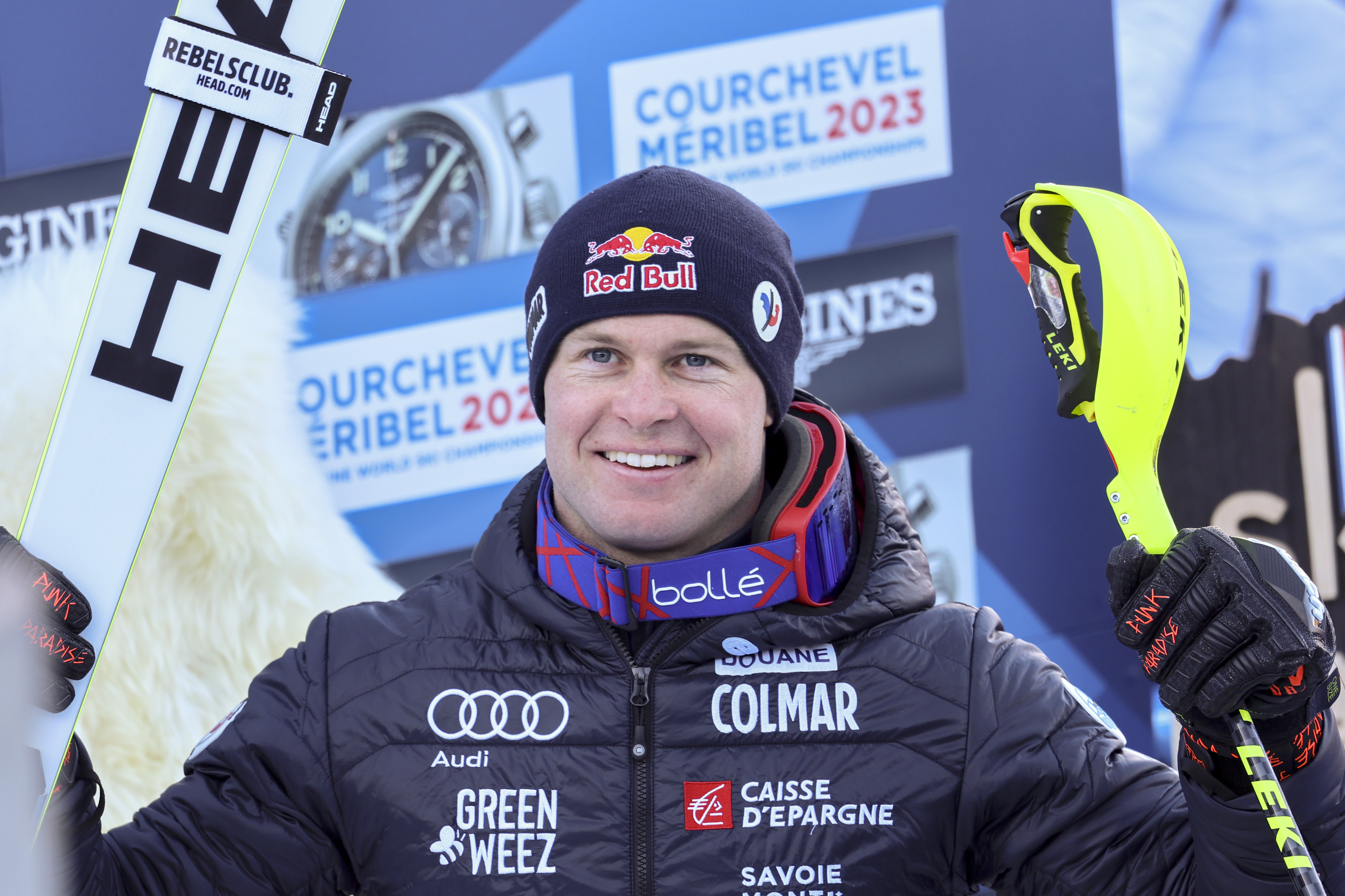 France's Alexis Pinturault smiles after completing the slalom portion of an alpine ski, men's World Championship combined race, in Courchevel, France, Tuesday, Feb. 7, 2023. 