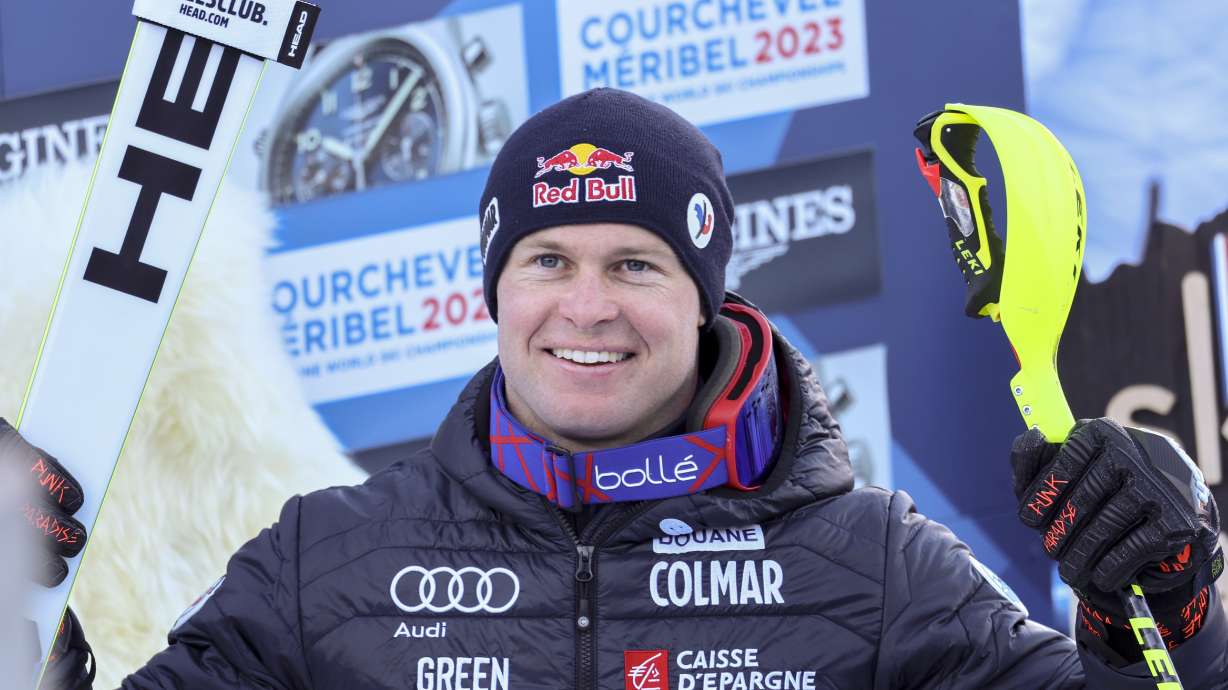 France's Alexis Pinturault smiles after completing the slalom portion of an alpine ski, men's World Championship combined race, in Courchevel, France, Tuesday, Feb. 7, 2023.