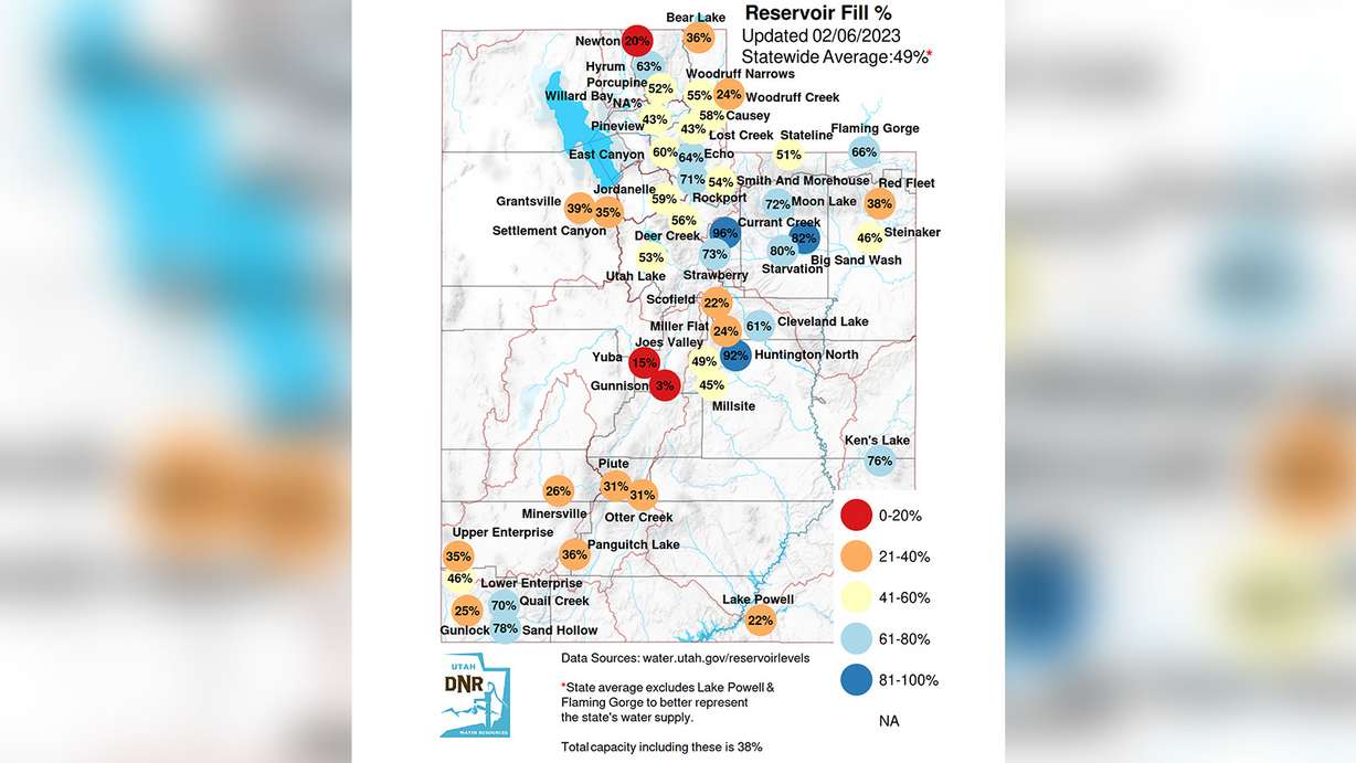 This map shows the water levels at Utah's largest reservoirs as of Monday.
