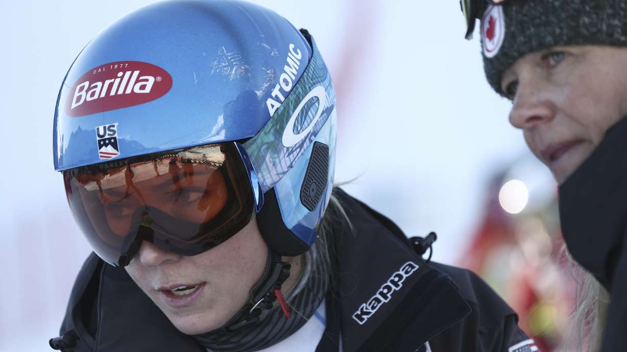 United States' Mikaela Shiffrin is seen during the course inspection ahead of the super G portion of an alpine ski, women's World Championship combined race, in Meribel, France, Monday, Feb. 6, 2023.