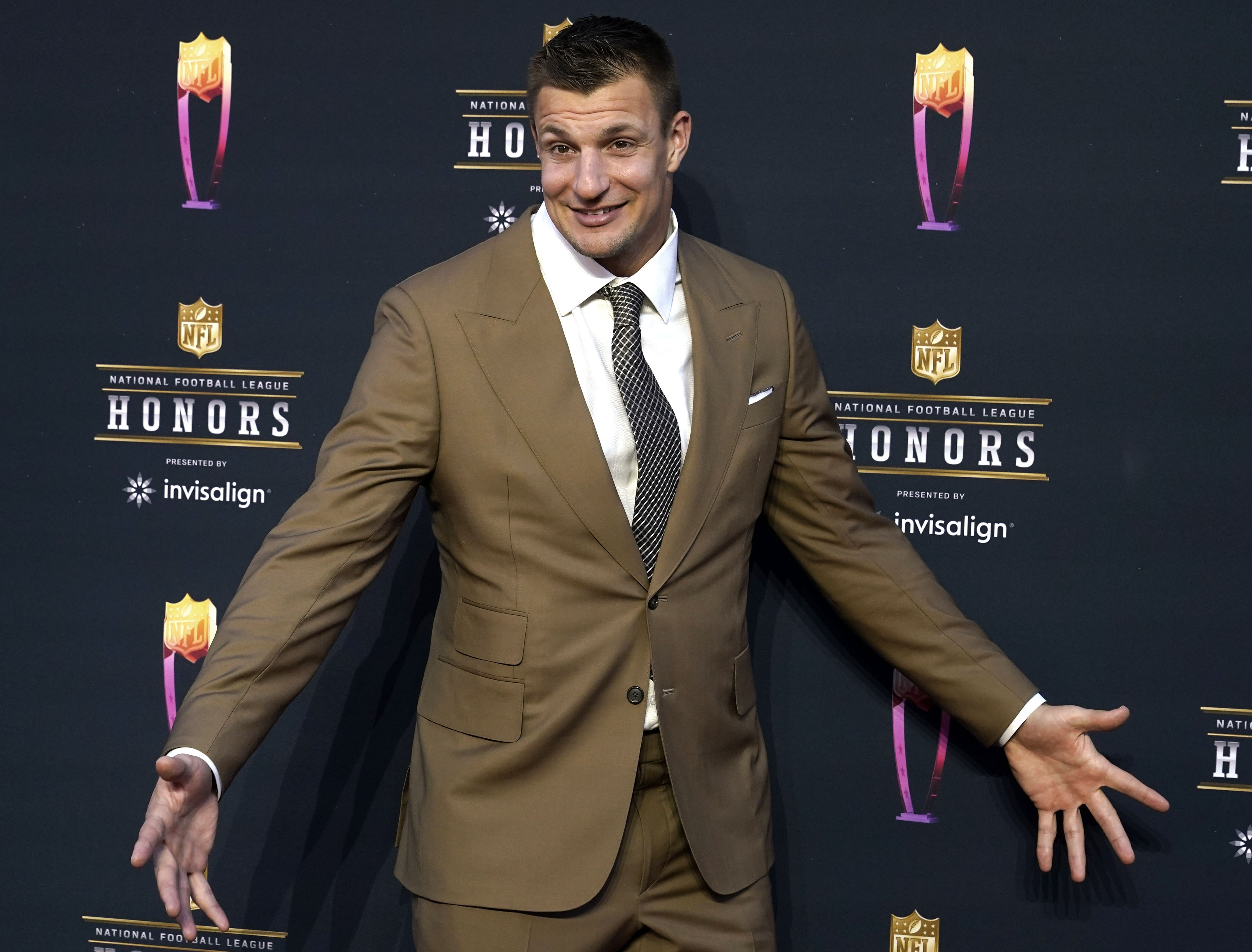 FILE - Rob Gronkowski arrives for the NFL Honors in Inglewood, Calif., on Feb. 10, 2022. The four-time Super Bowl winner will host a music festival called “Gronk Beach” in Phoenix on Saturday, Feb. 11, 2023, a day ahead of the Super Bowl. 