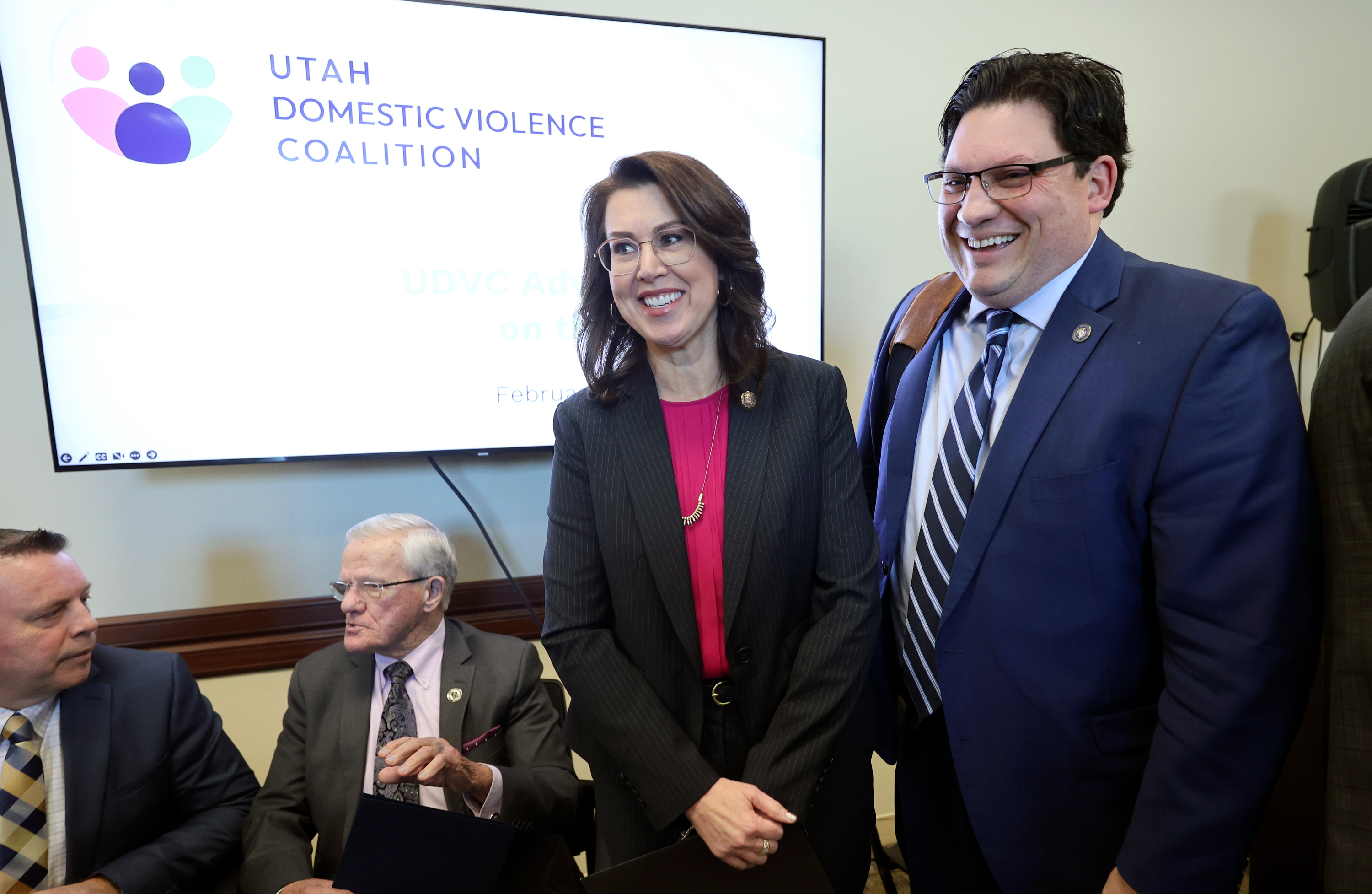 Lt. Gov. Deidre Henderson and Rep. Ryan Wilcox, R-Ogden, floor sponsor of SB117 Domestic Violence Amendments, talk after a Utah Domestic Violence Coalition Advocacy Day press conference in the Senate Building in Salt Lake City, on Tuesday. Henderson’s cousin Mandy Mayne was murdered by her ex.
