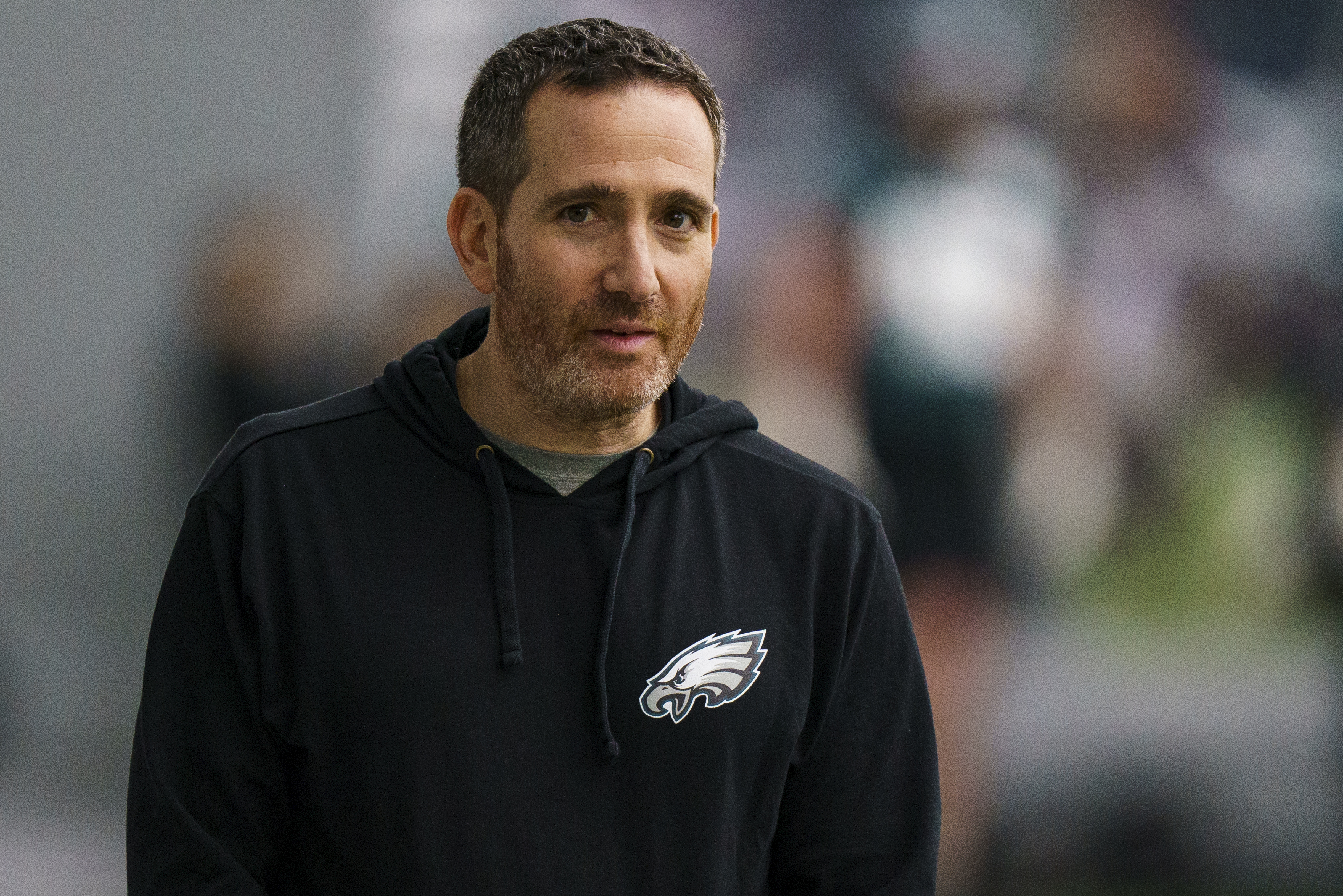 FILE - Philadelphia Eagles general manager Howie Roseman watches during an NFL football practice, Thursday, Jan. 26, 2023, in Philadelphia. Roseman, the once-exiled executive who was cast aside for Chip Kelly for a year, returned to lead the Eagles to the franchise’s only Super Bowl title is back again after hitting rock bottom in 2020.