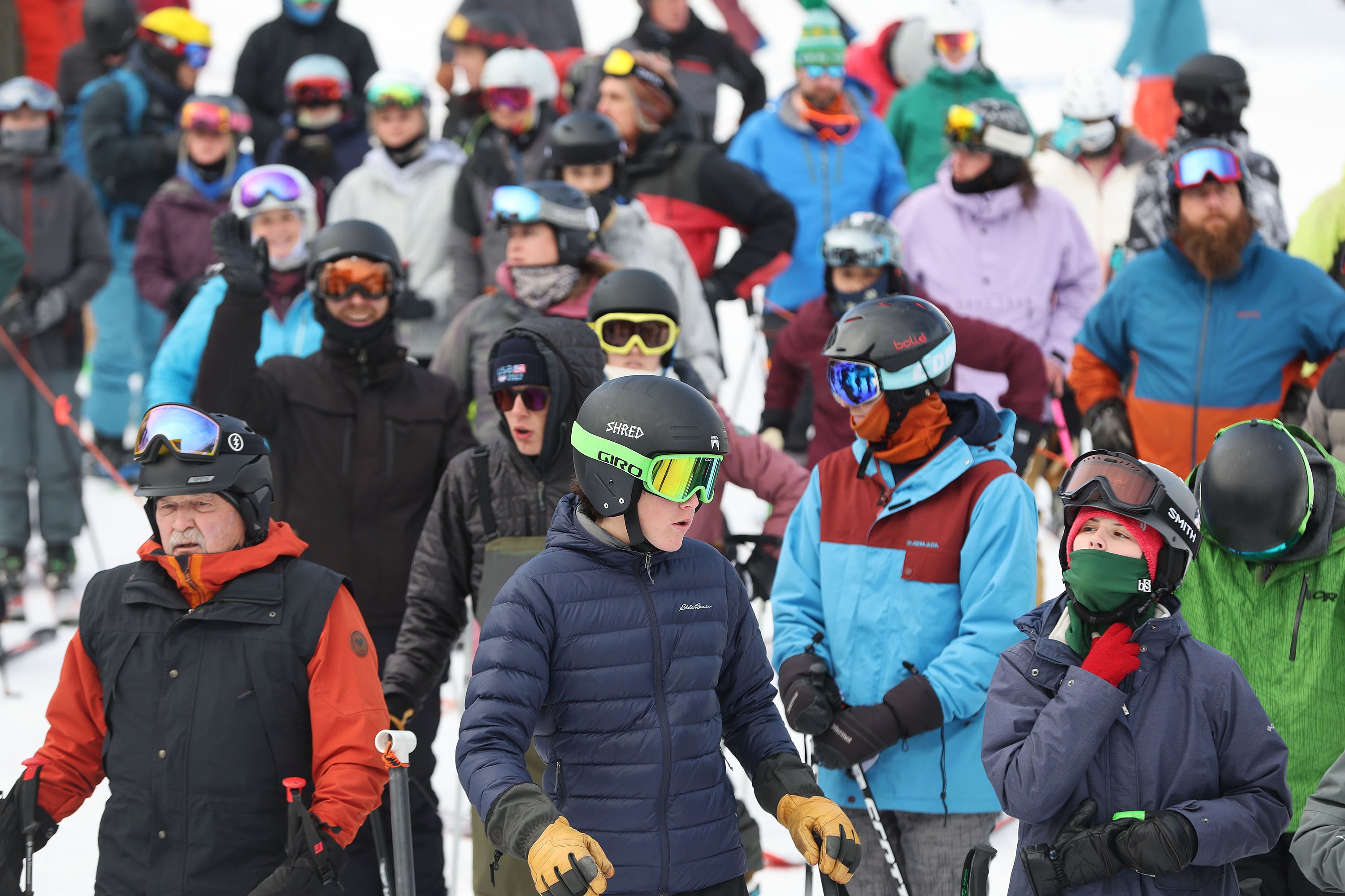 Skiers wait in line at Alta Ski Area in Little Cottonwood Canyon on Nov. 26, 2022. A group of University of Utah students invited pro-gondola representatives to talk to students Monday night, with an invitation to their classmates to "hear all sides of the issue" so they could form their own opinions.