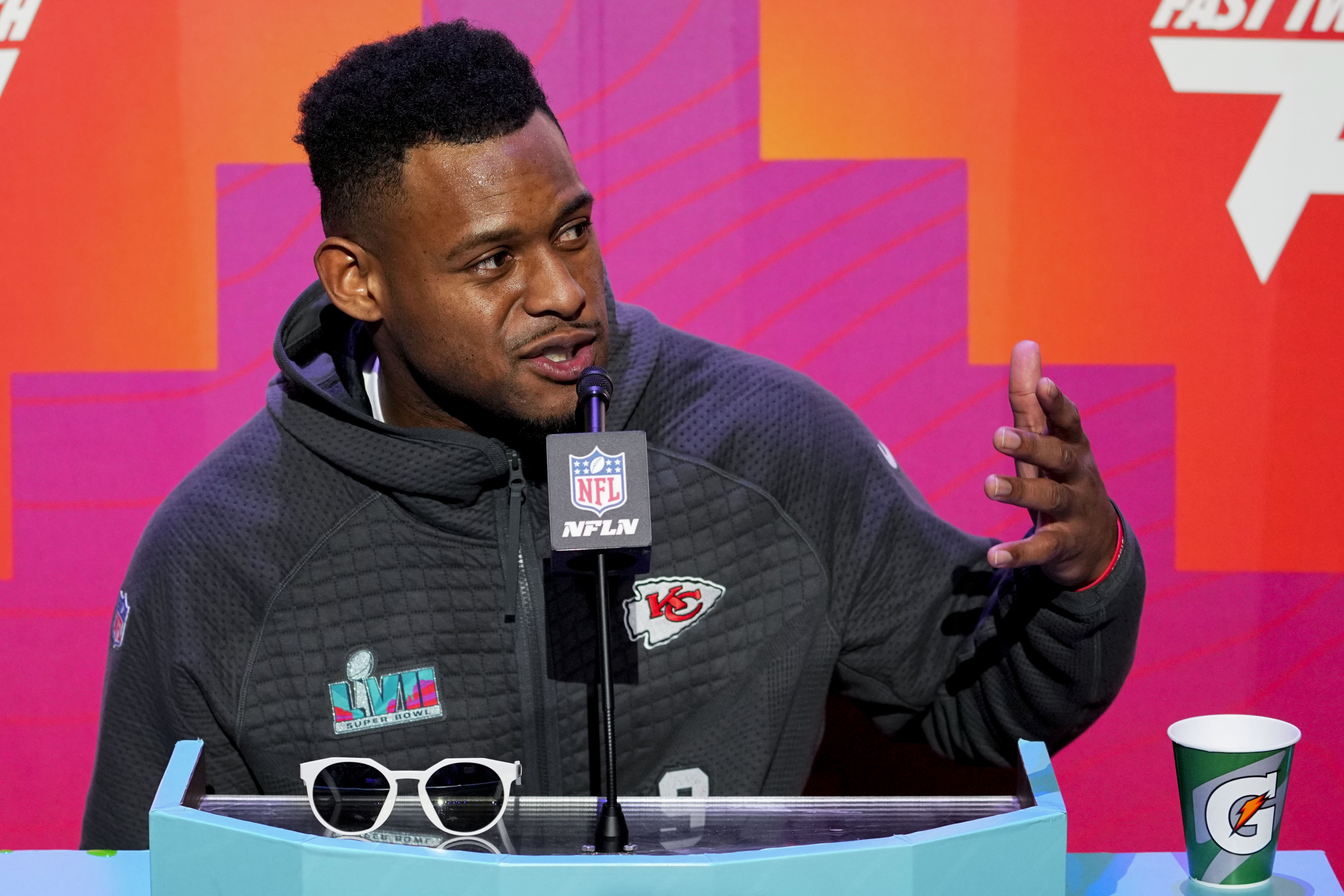 Kansas City Chiefs wide receiver JuJu Smith-Schuster speaks to the media during the NFL football Super Bowl 57 opening night, Monday, Feb. 6, 2023, in Phoenix. The Kansas City Chiefs will play the Philadelphia Eagles on Sunday. 