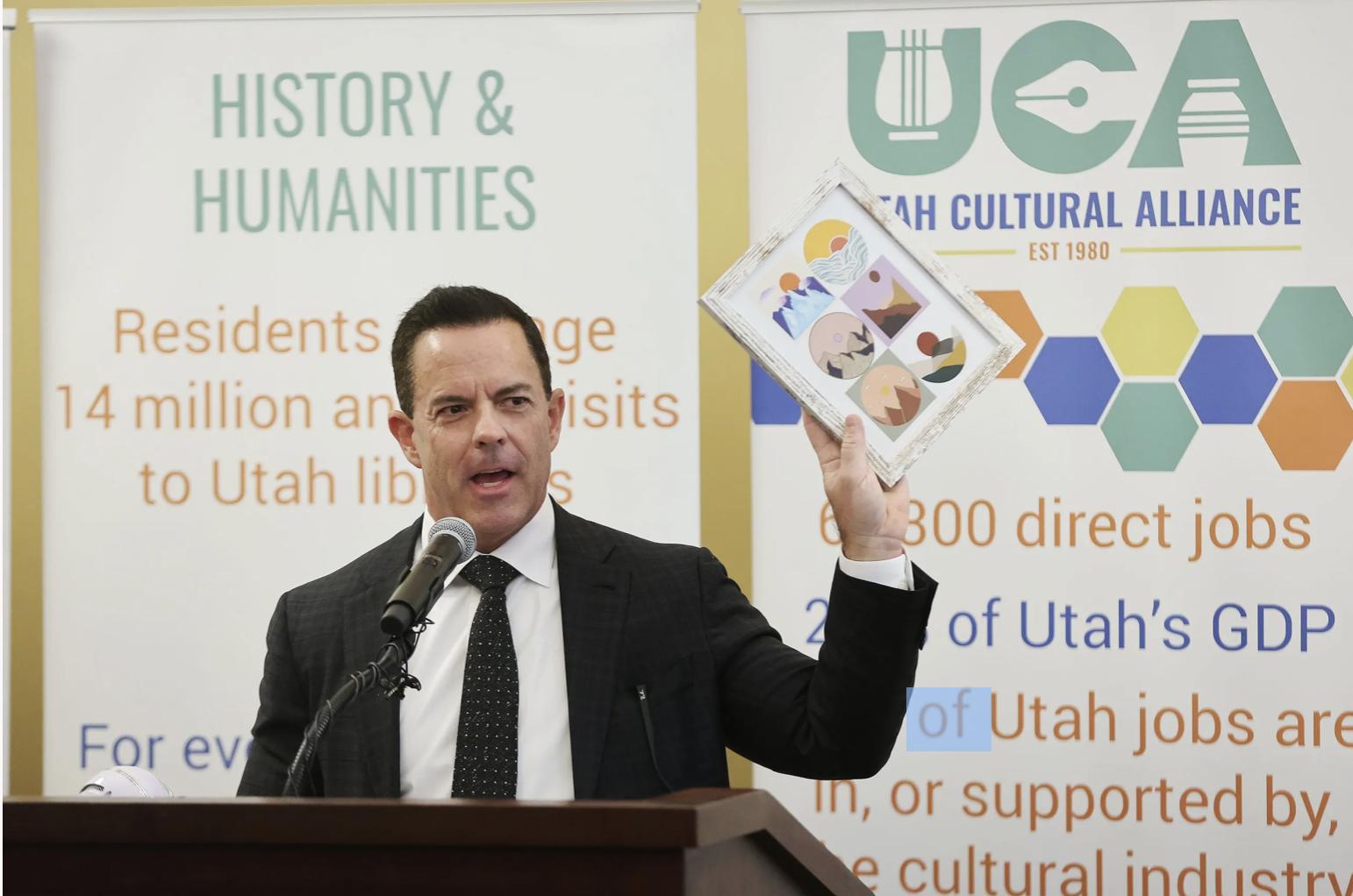House Speaker Brad Wilson, R-Kaysville, speaks during a Utah Cultural Alliance press conference at the Capitol in Salt Lake City on Tuesday regarding SB138, which addresses ticket sale issues and ticket fraud. Salt Lake County Arts & Culture, Broadway at the Eccles, Live at the Eccles and the Utah Cultural Alliance are working together to promote safe ticket purchasing guidance for ticket buyers for events in Utah.
