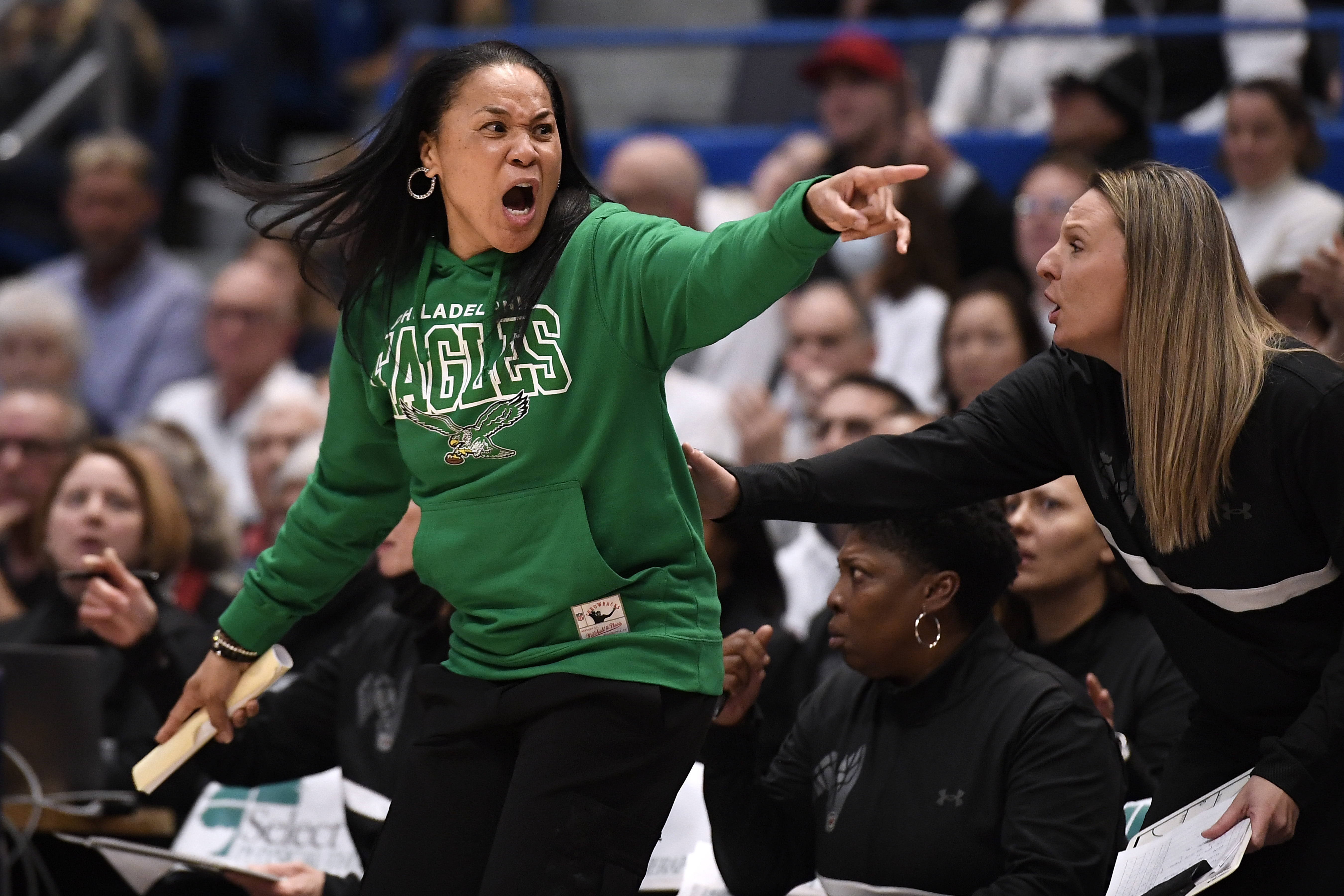 South Carolina head coach Dawn Staley reacts in the second half of an NCAA college basketball game against Uconn, Sunday, Feb. 5, 2023, in Hartford, Conn. 