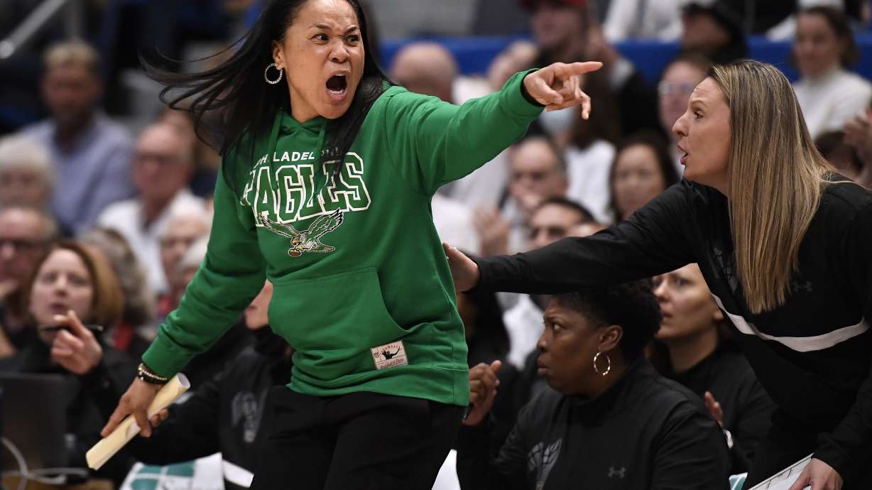 South Carolina head coach Dawn Staley reacts in the second half of an NCAA college basketball game against Uconn, Sunday, Feb. 5, 2023, in Hartford, Conn.