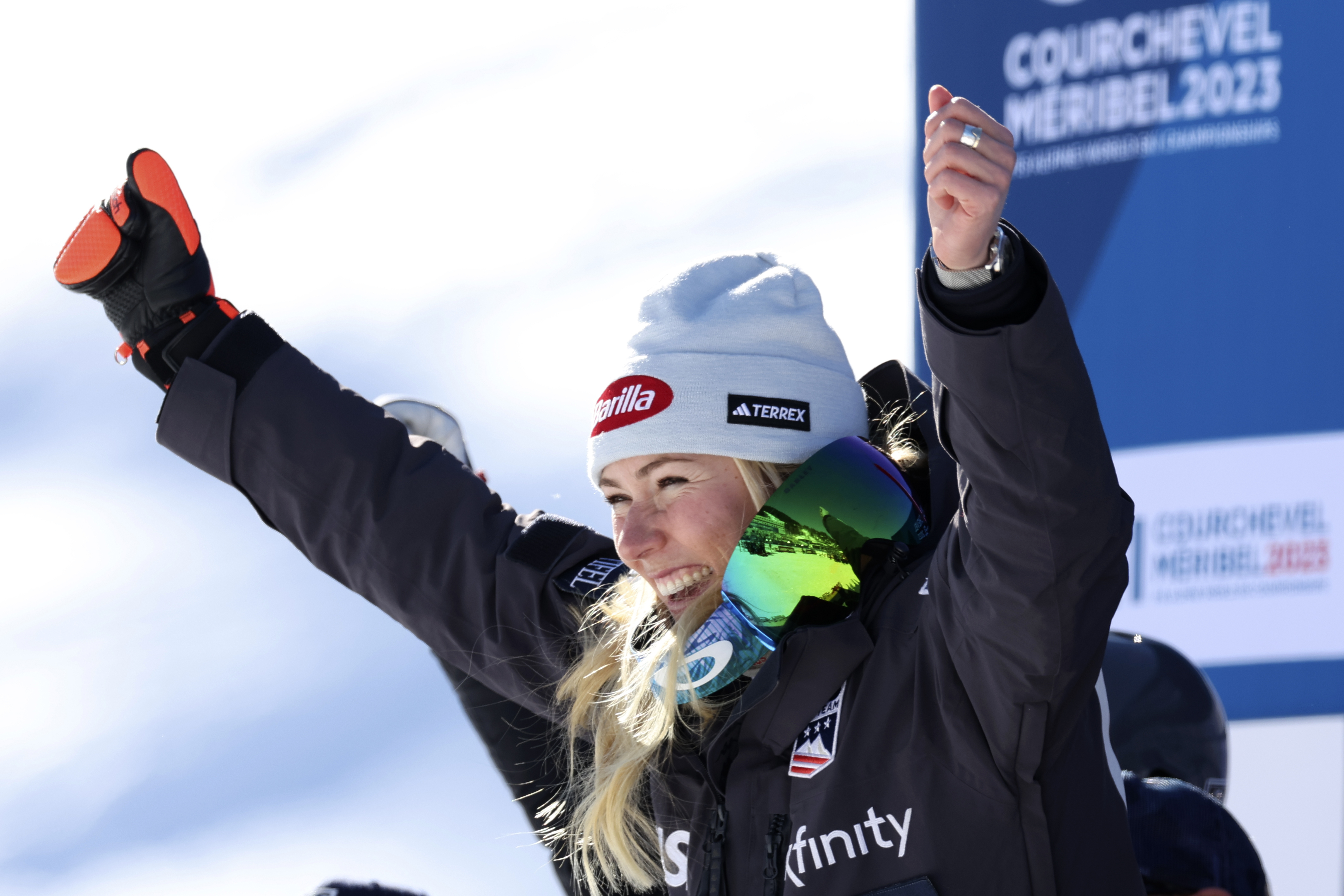 United States' Mikaela Shiffrin celebrates taking second place in an alpine ski, women's World Championships super G, in Meribel, France, Wednesday, Feb. 8, 2023.