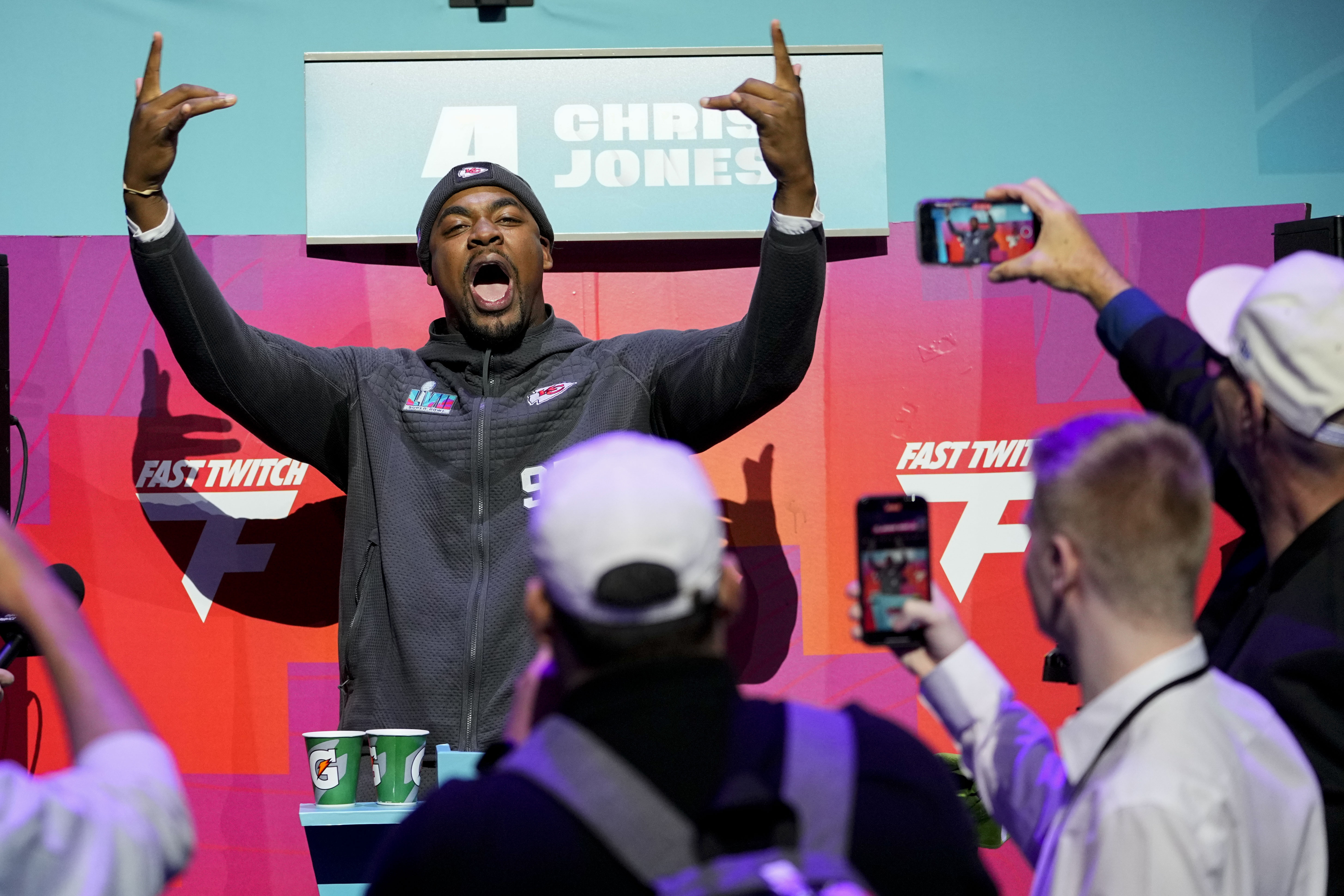 Kansas City Chiefs defensive tackle Chris Jones speaks to the media during the NFL football Super Bowl 57 opening night, Monday, Feb. 6, 2023, in Phoenix. The Kansas City Chiefs will play the Philadelphia Eagles on Sunday. 