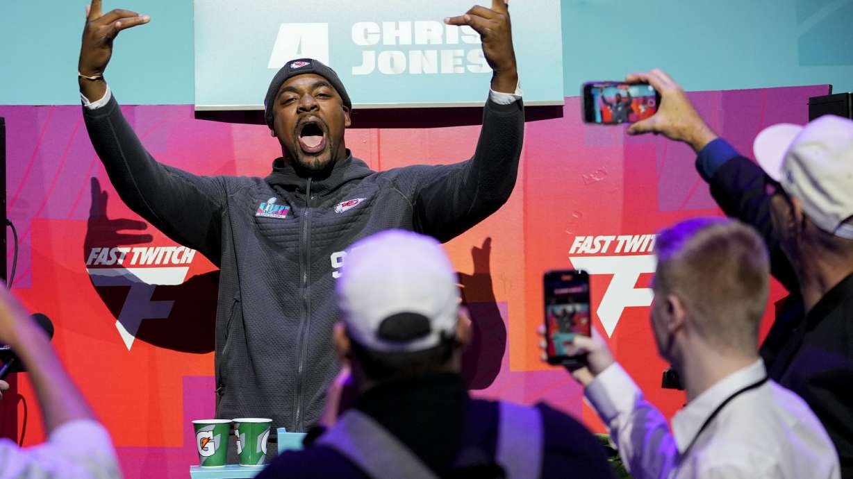 Kansas City Chiefs defensive tackle Chris Jones speaks to the media during the NFL football Super Bowl 57 opening night, Monday, Feb. 6, 2023, in Phoenix. The Kansas City Chiefs will play the Philadelphia Eagles on Sunday.