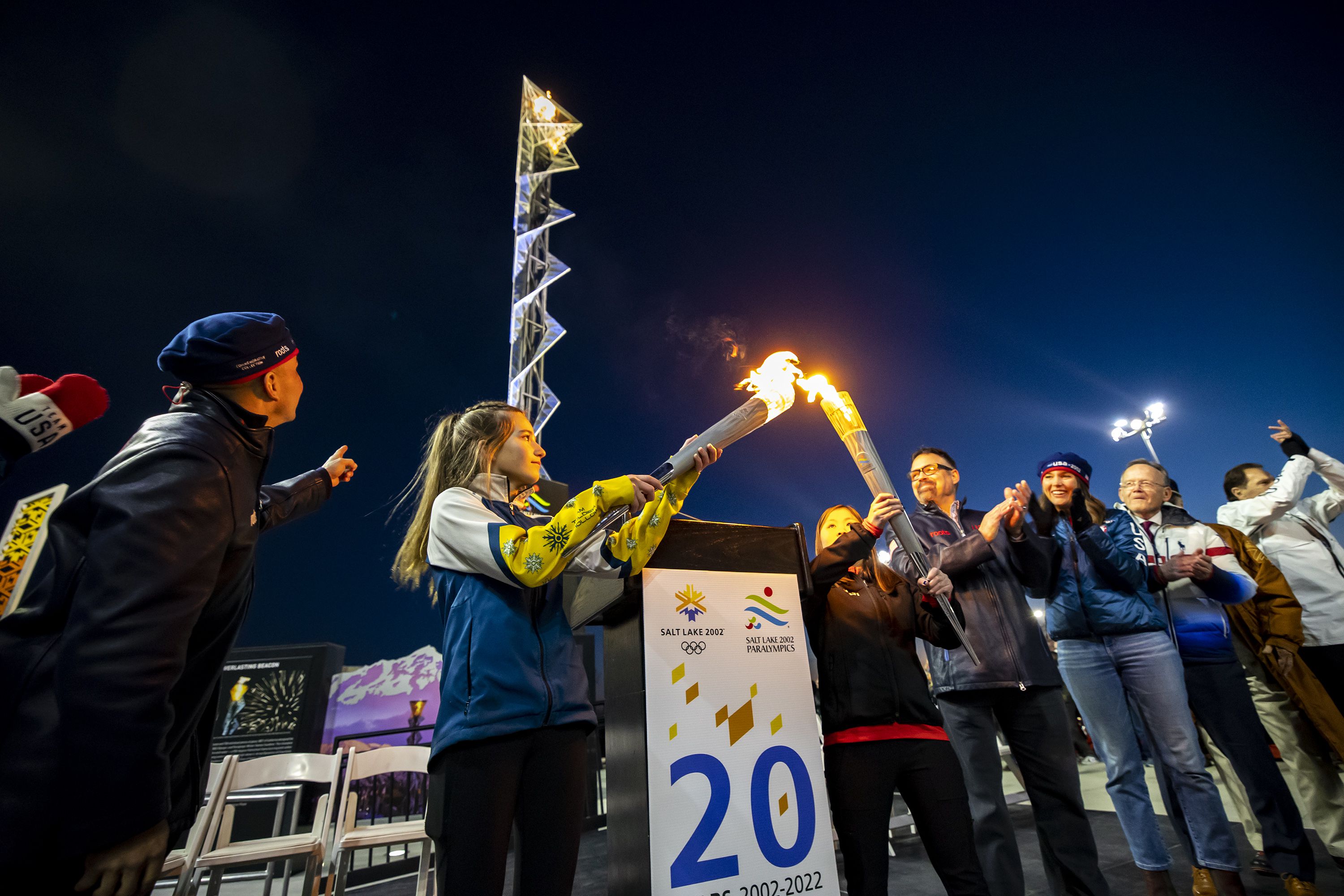 The flame at Rice-Eccles Stadium in Salt Lake City is lit on Feb. 8, 2022, marking the 20th anniversary of the 2002 Olympic Games. Support for bringing the Winter Games back to Utah has reached 82%, according to a new poll.