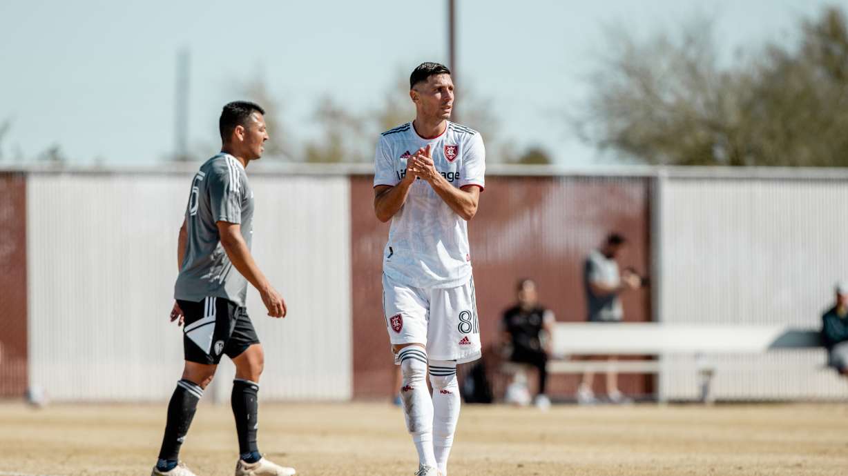 Damir Kreilach celebrates a goal against Sporting Kansas City during preseason in Arizona.