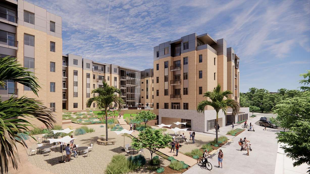 A second rendering of the upcoming Campus View Suites III is pictured, showing the courtyard area. Utah Tech University will be breaking ground Thursday on the third and final phase of its on-campus student housing complex.