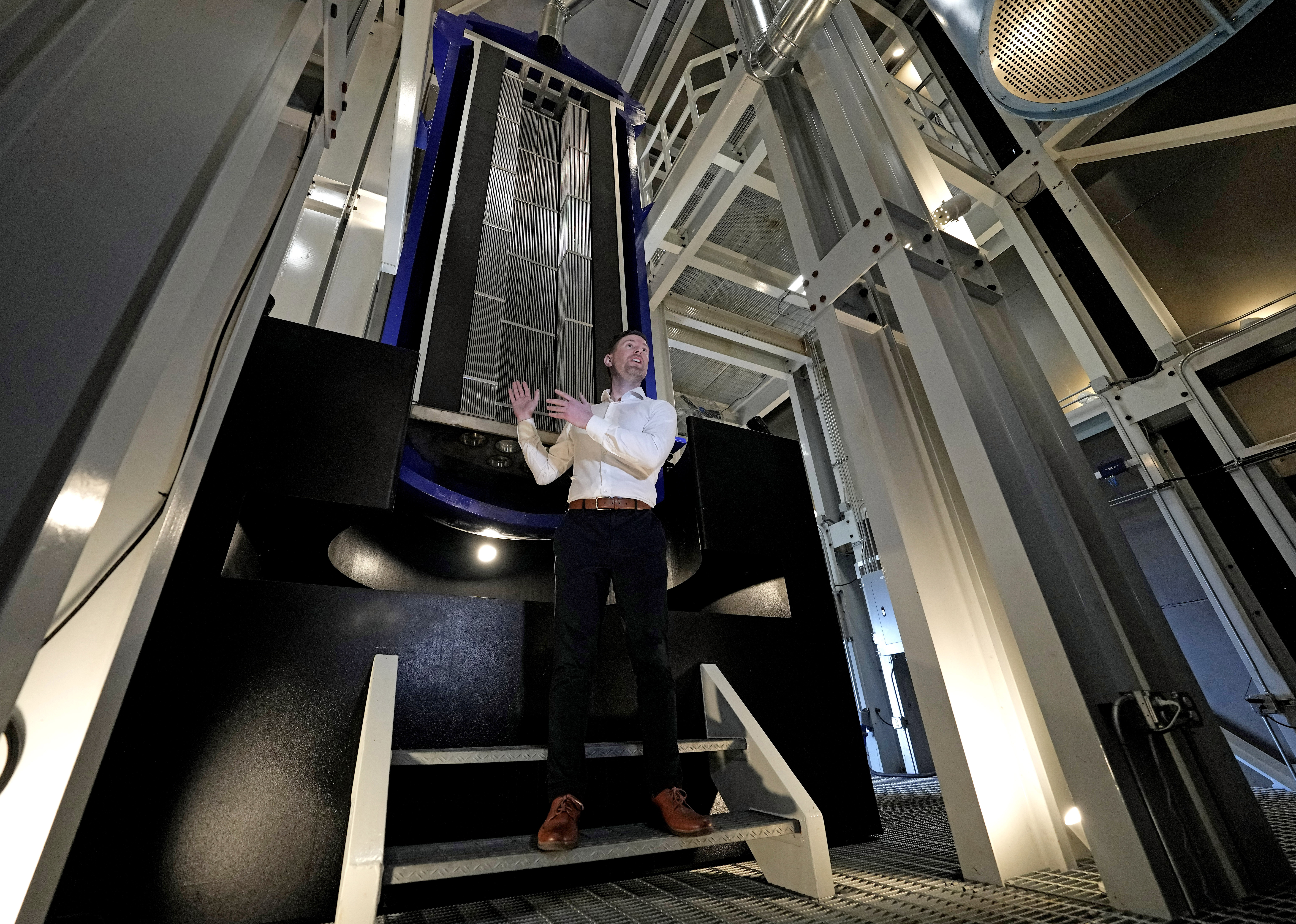 Last Energy CEO Bret Kugelmass explains how power could be produced from a nuclear microreactor during a tour inside the company's demonstration unit that contains a prototype reactor, Jan. 17, in Brookshire, Texas. 